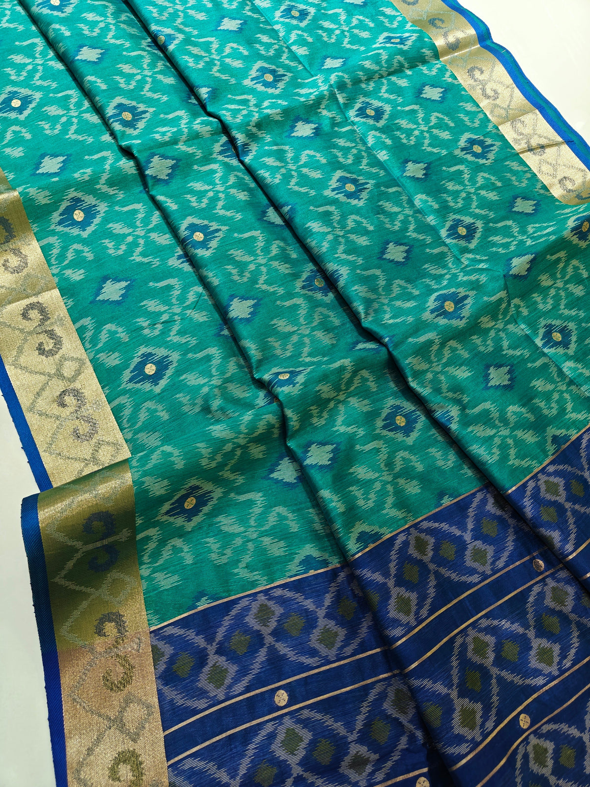 Raw Silk Ikkat Saree With Zari Woven Border-FIROZI