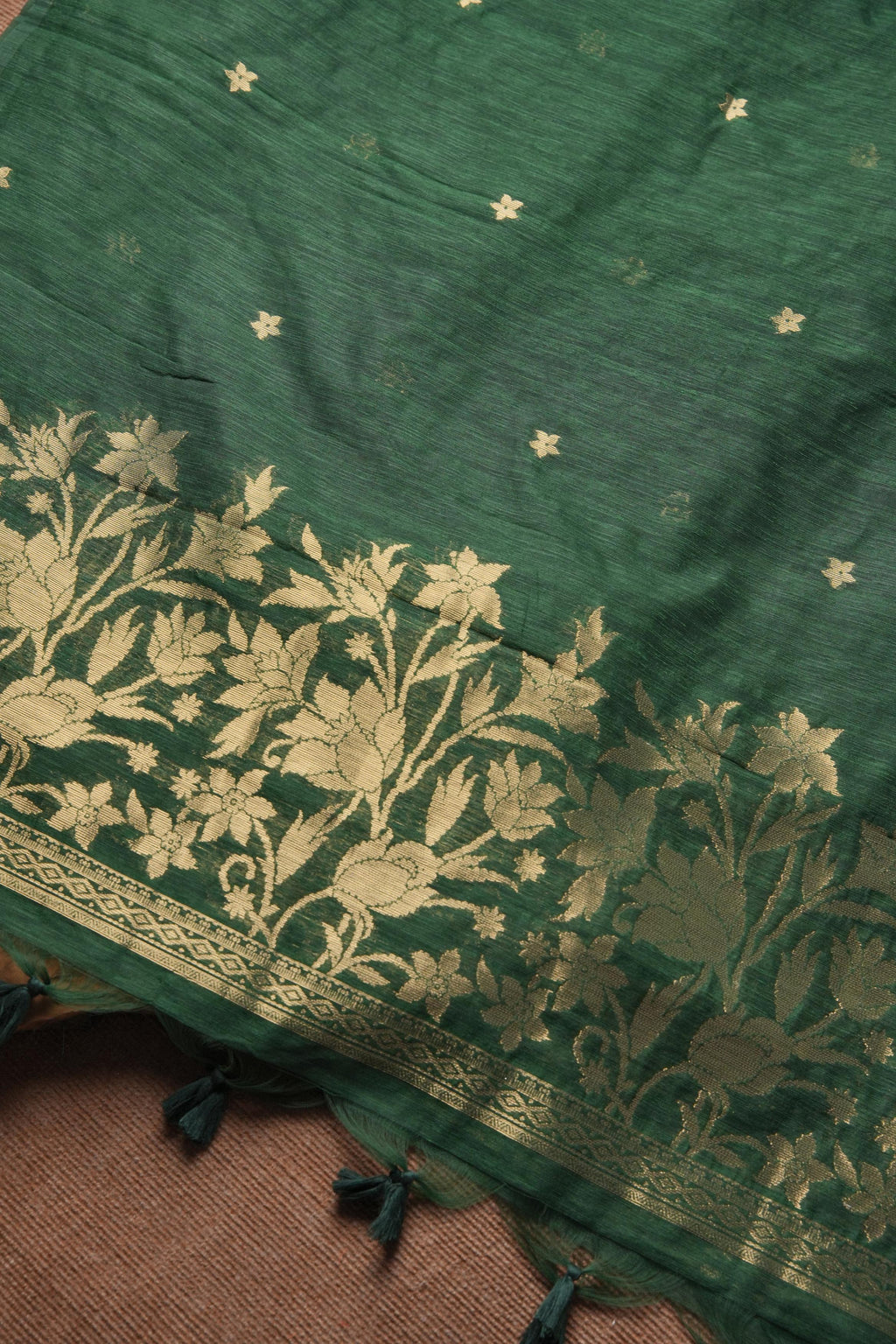 Linen Muslin Golden Zari Unstitched Suit-Dark Green