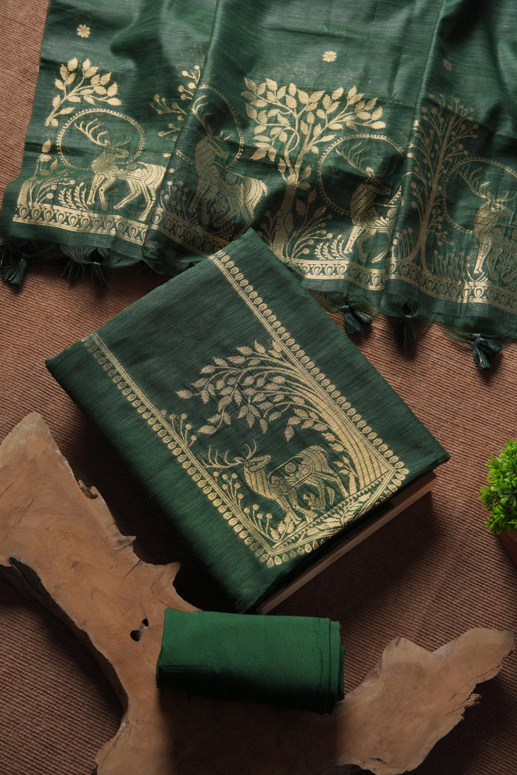 Linen Muslin Golden Zari Unstitched Suit-Darj Green