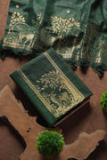 Linen Muslin Golden Zari Unstitched Suit-Darj Green