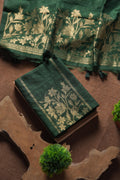 Linen Muslin Golden Zari Unstitched Suit-Dark Green