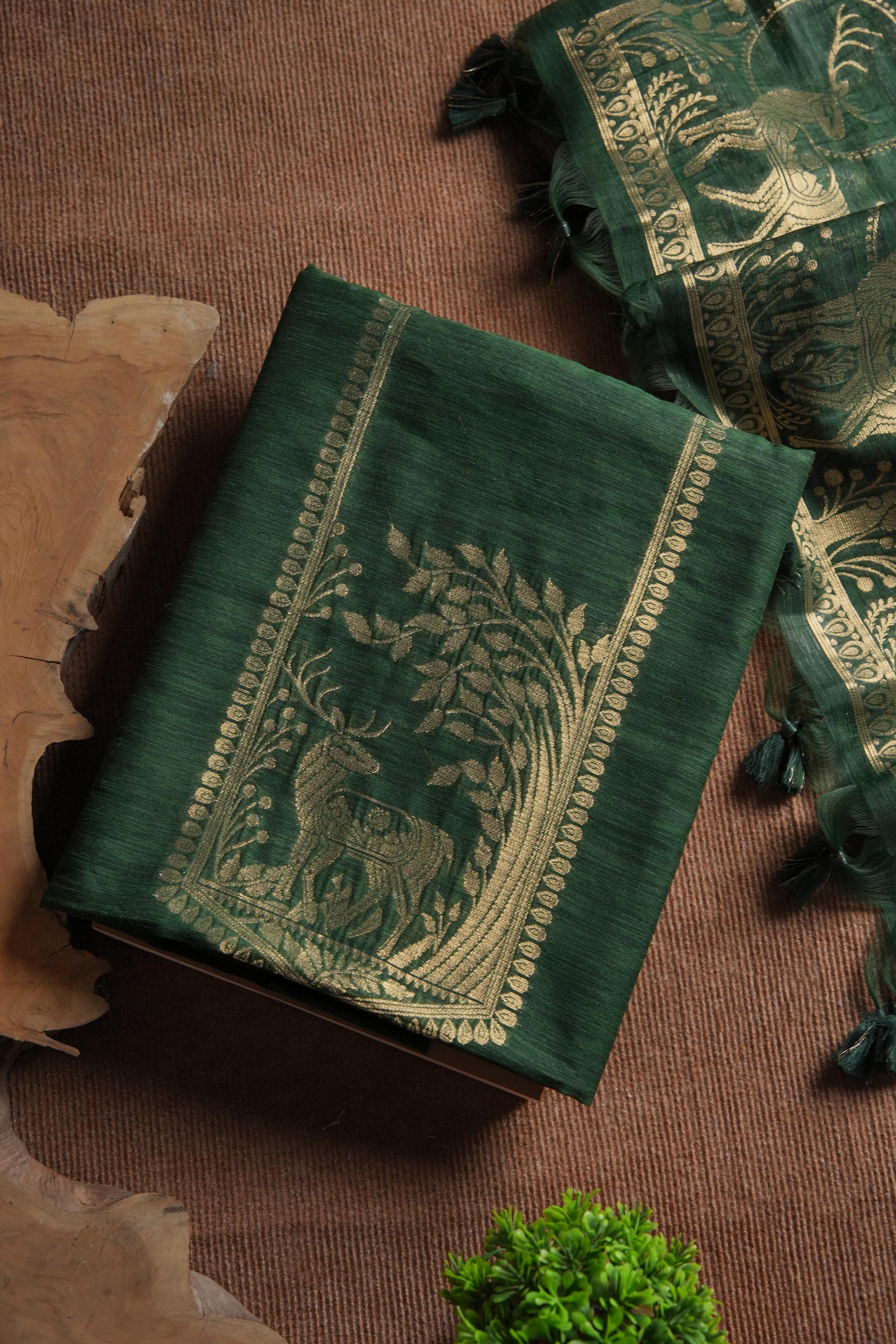 Linen Muslin Golden Zari Unstitched Suit-Darj Green