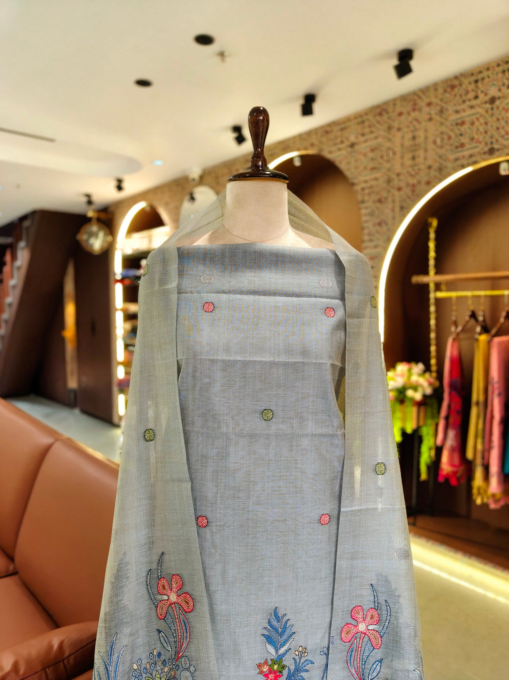 Muga Cotton Ghicha Jamdani Unstitched Suit- Grey
