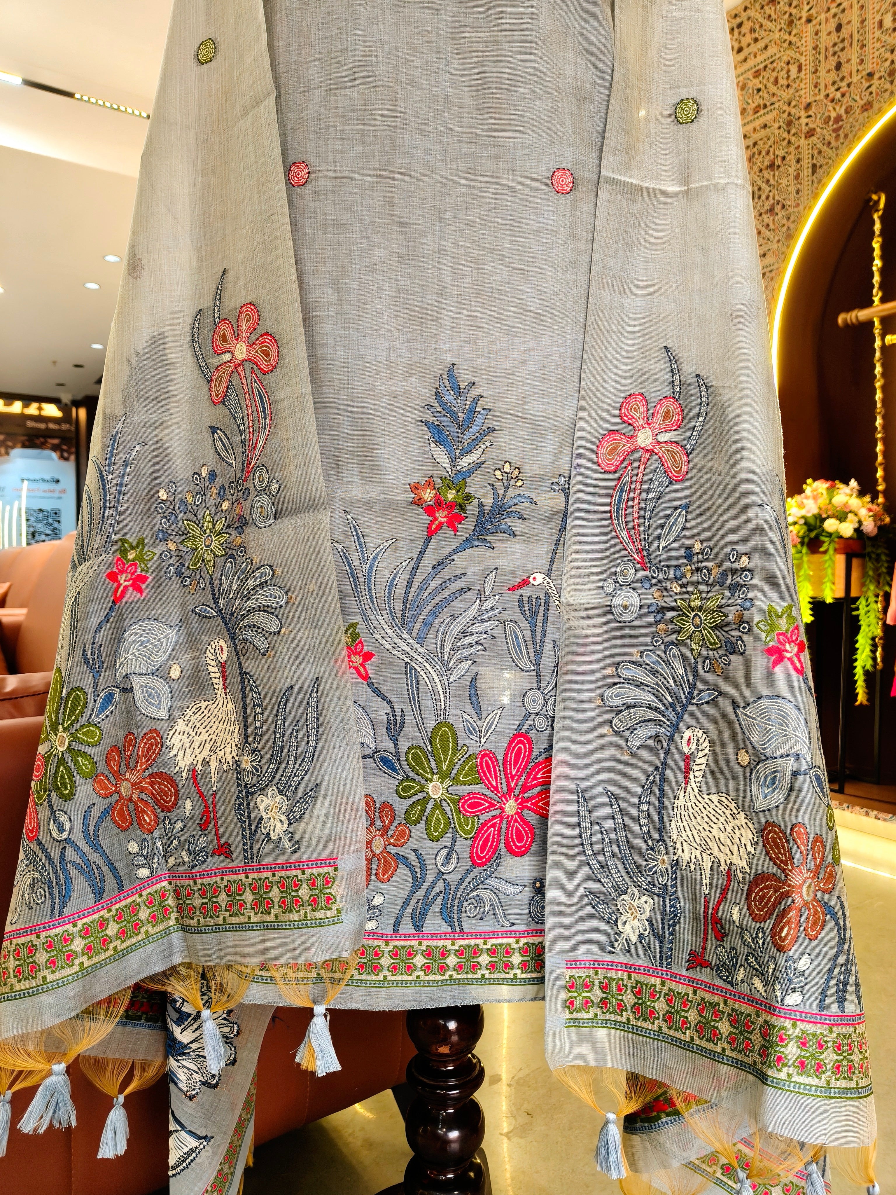 Muga Cotton Ghicha Jamdani Unstitched Suit- Grey