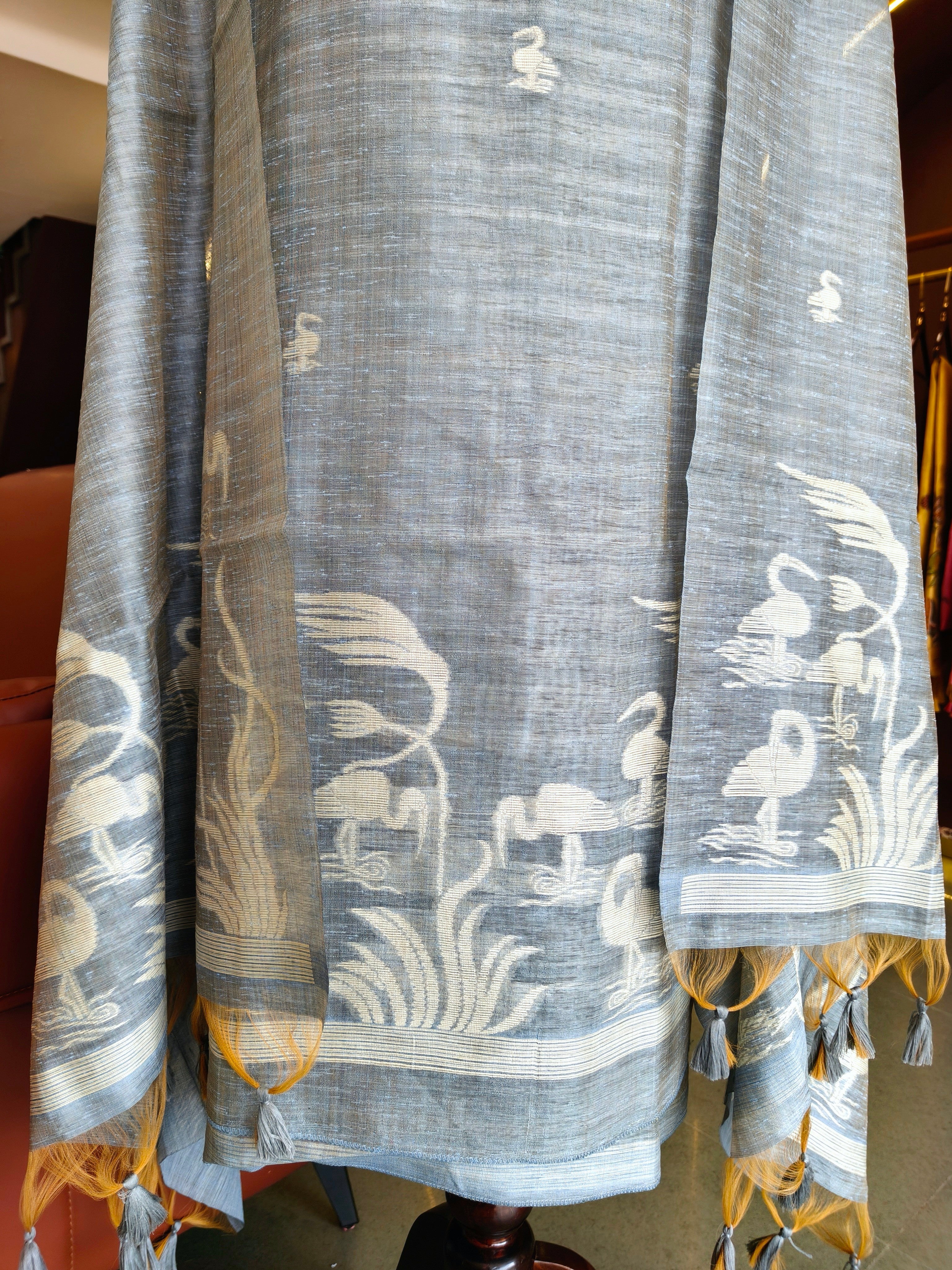 Luxury Linen Muslin Silk Unstitched Suit- Grey