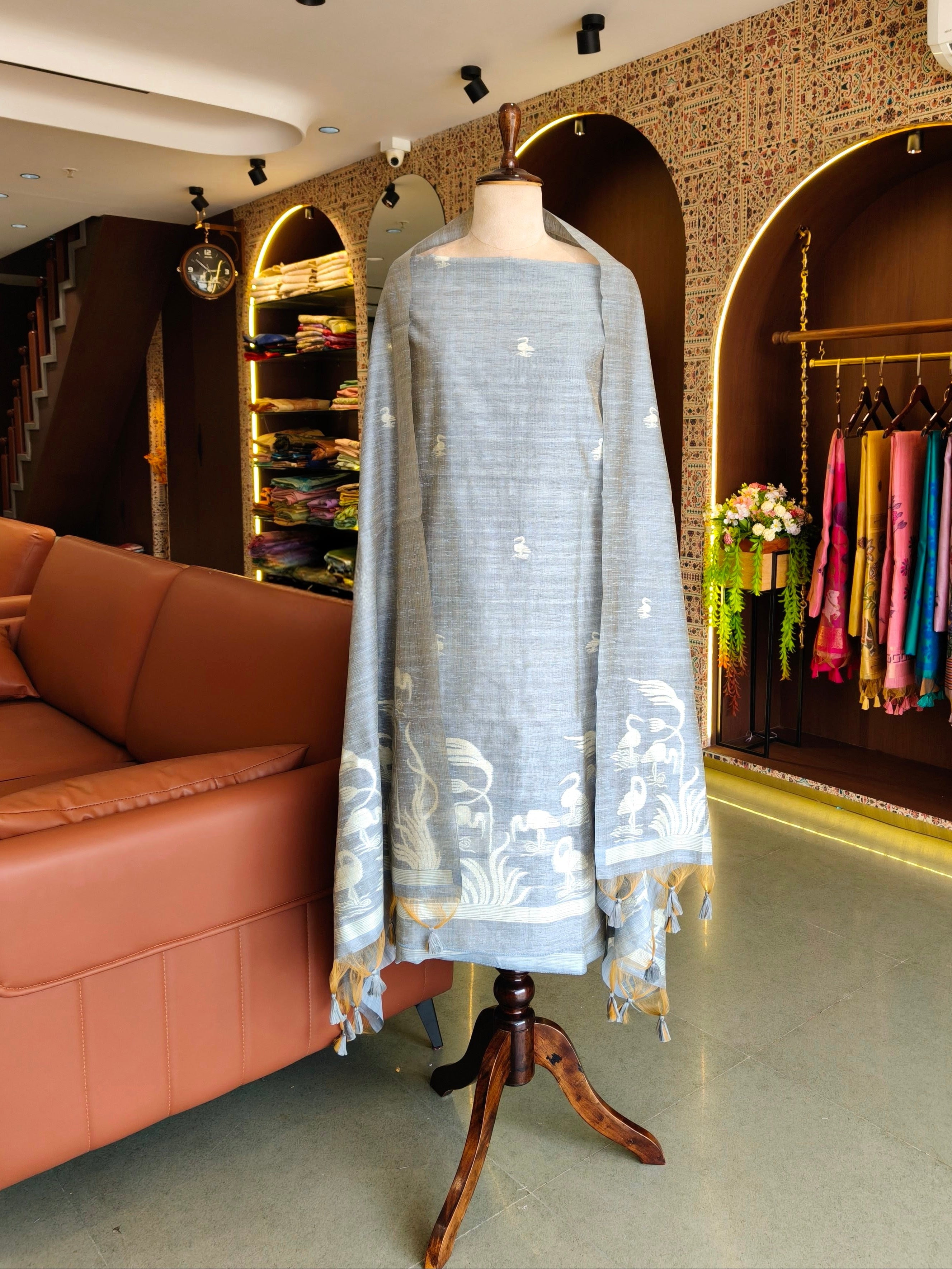 Luxury Linen Muslin Silk Unstitched Suit- Grey