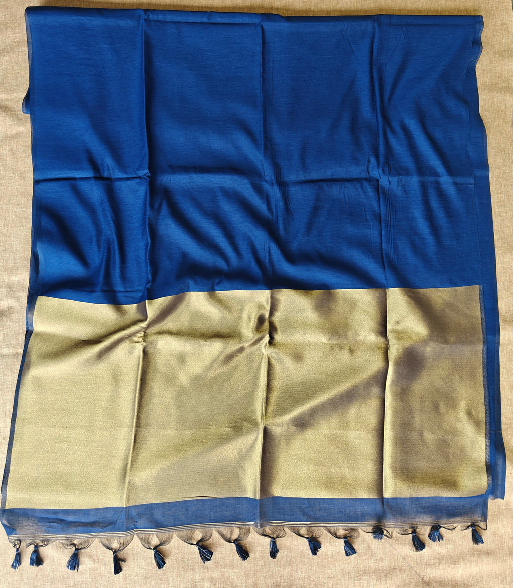 Premium Pure Cotton Saree With Zari Pallu -BLUE