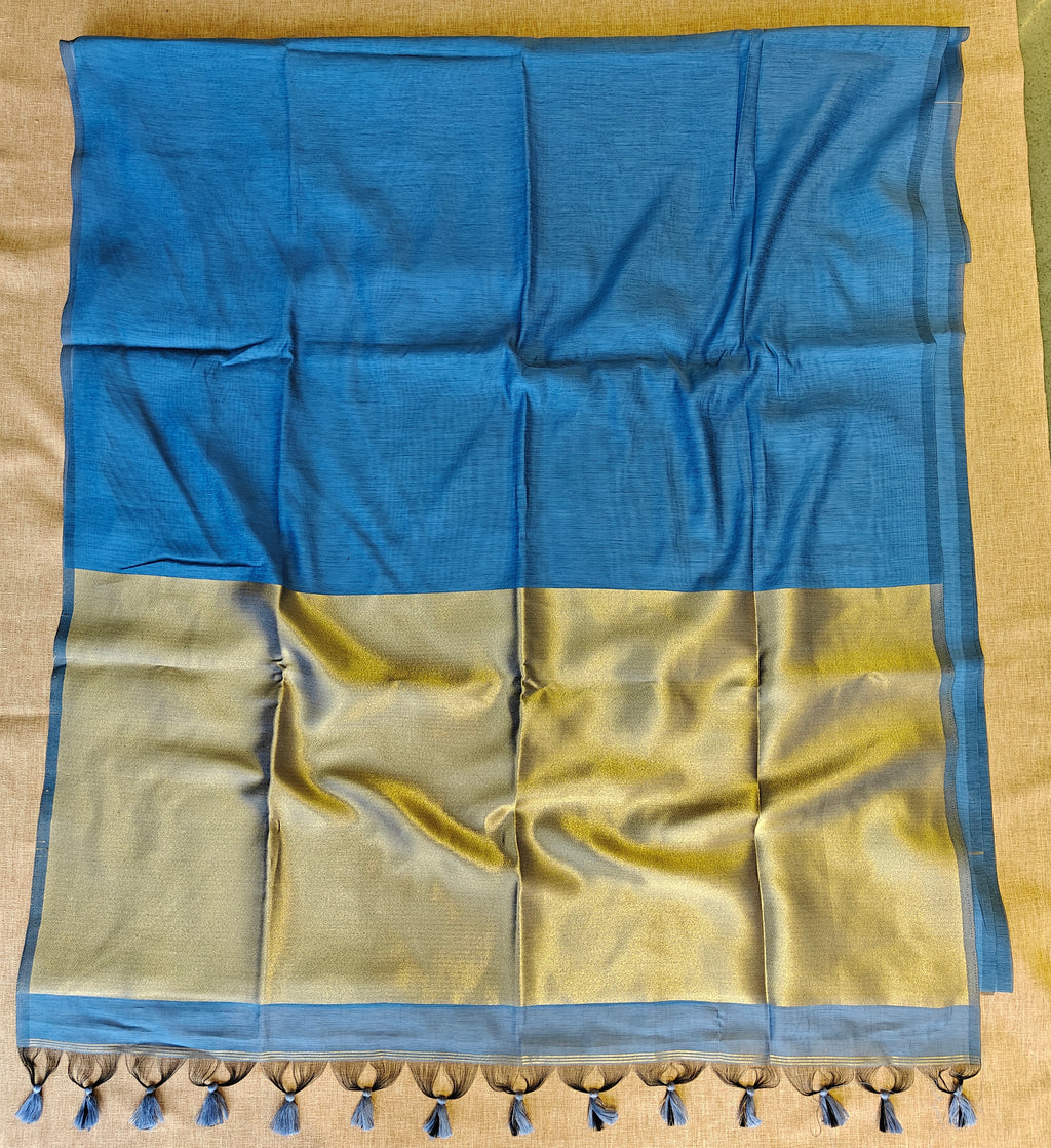 Premium Pure Cotton Saree With Zari Pallu -SKY BLUE