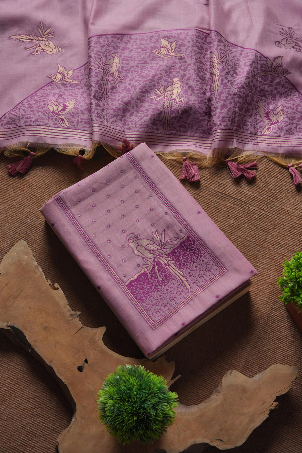 Muga Cotton Parrot Motif Unstitched Suit-Lavender