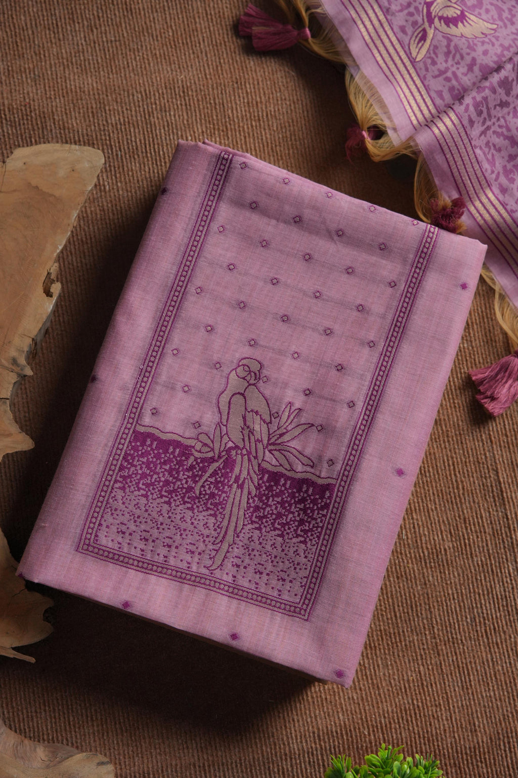 Muga Cotton Parrot Motif Unstitched Suit-Lavender