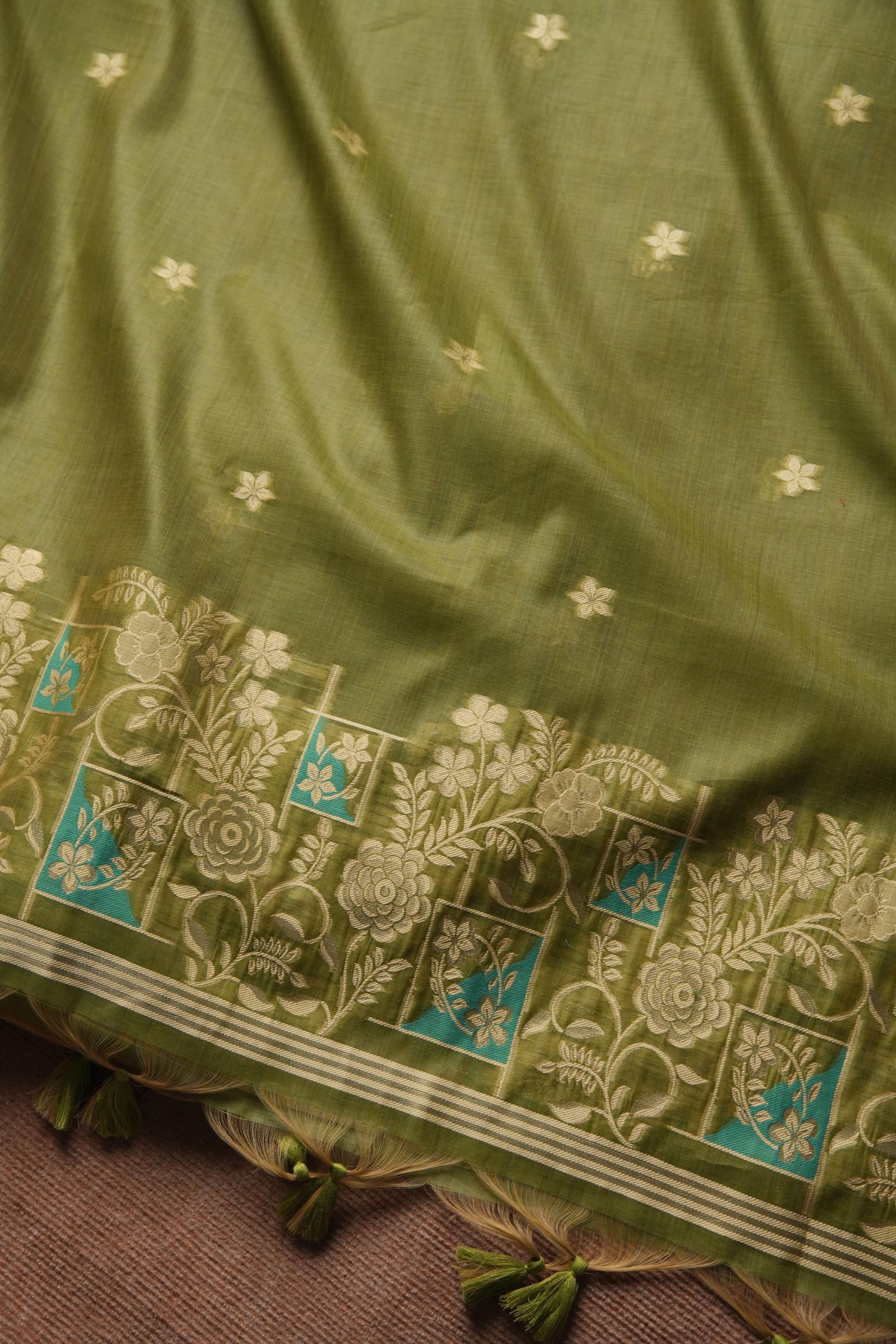 Muga Cotton Floral Pattern Unstitched Suit - Mehendi