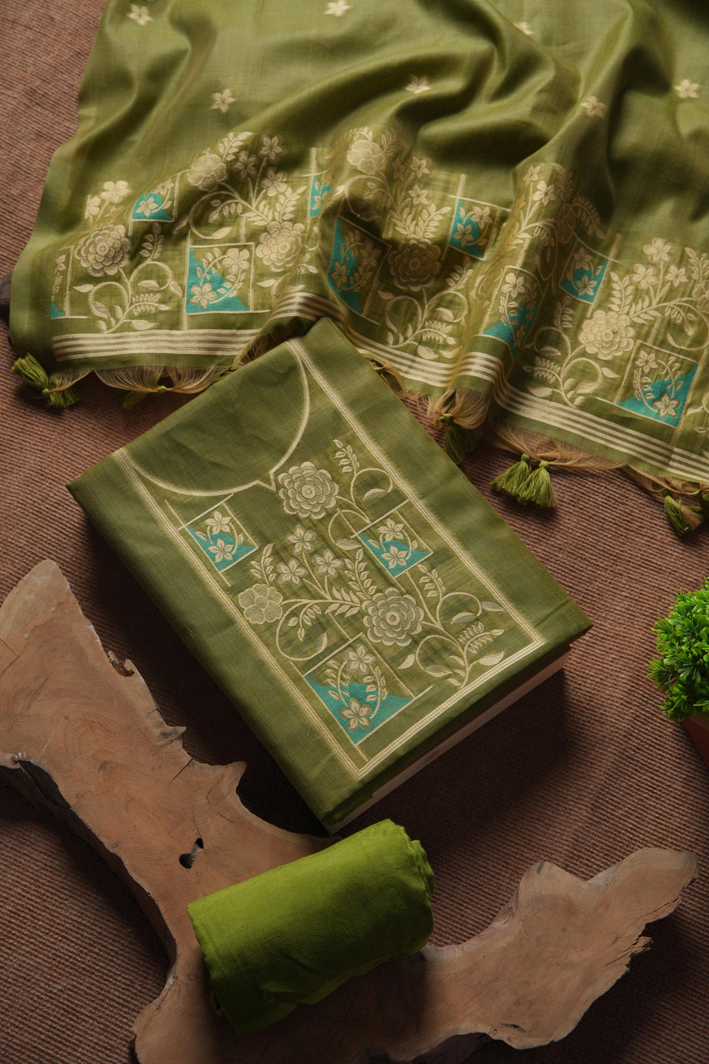 Muga Cotton Floral Pattern Unstitched Suit - Mehendi