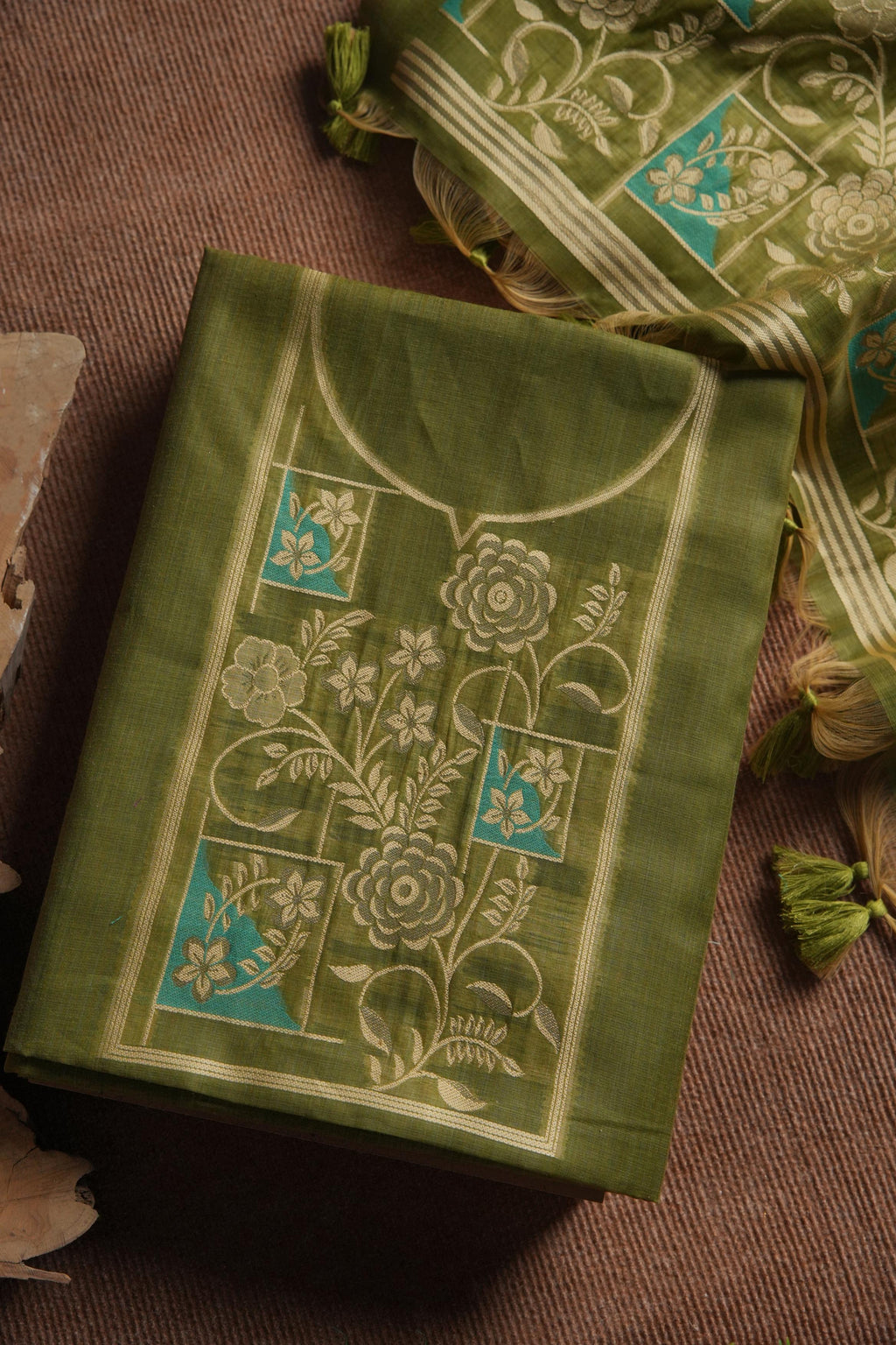 Muga Cotton Floral Pattern Unstitched Suit - Mehendi