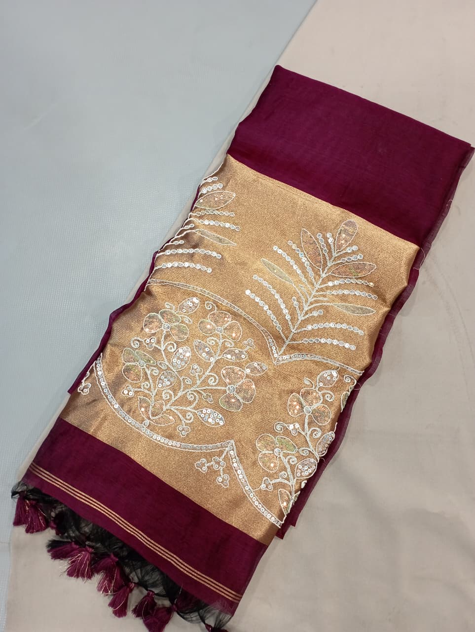 Premium Pure Cotton Saree With Zari Pallu With Heavy Seq -MAROON
