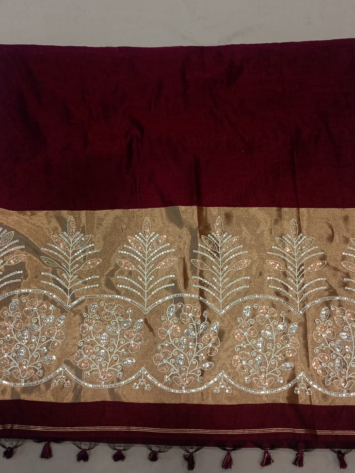 Premium Pure Cotton Saree With Zari Pallu With Heavy Seq -MAROON