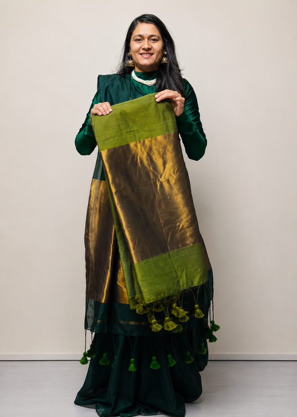 Premium Pure Cotton Saree With Zari Pallu - MEHNDI