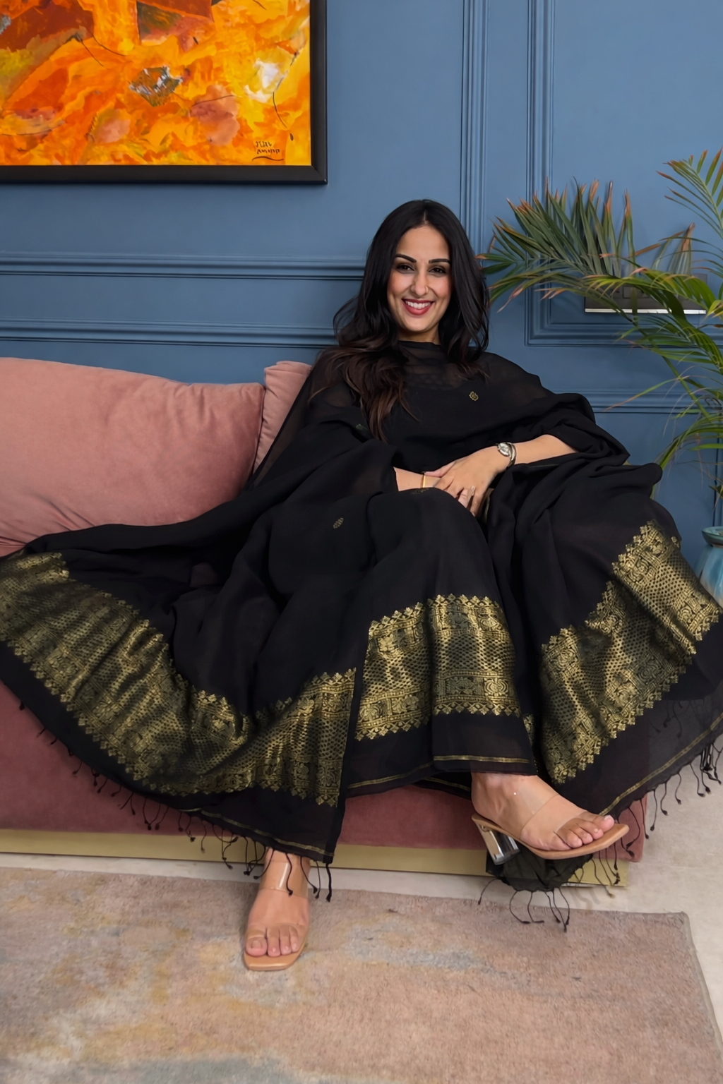 Jayshree Linen Golden zari unstitched suit - Black