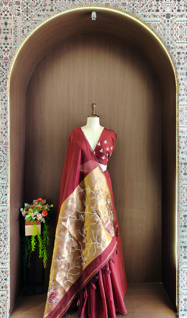 Organza Silk Saree with Heavy Gold Zari Floral Pallu & Embroidery Blouse -MAROON