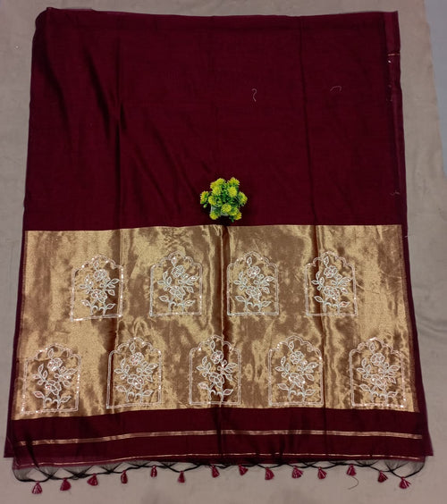 Elegent Pure Cotton Saree With Zari Pallu With Heavy Seq -Maroon