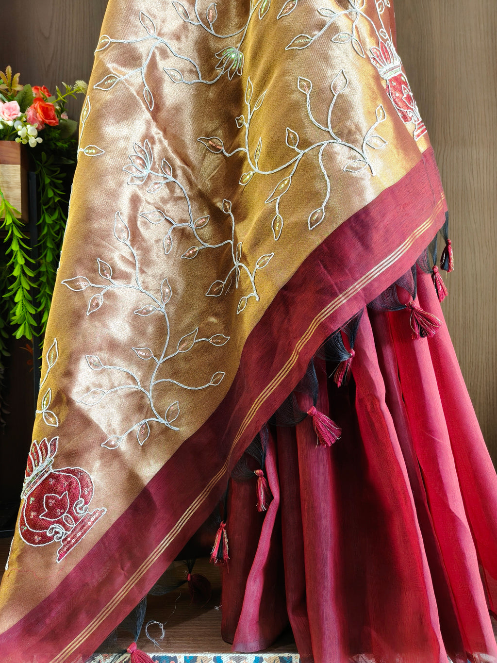 Organza Silk Saree with Heavy Gold Zari Floral Pallu & Embroidery Blouse -MAROON