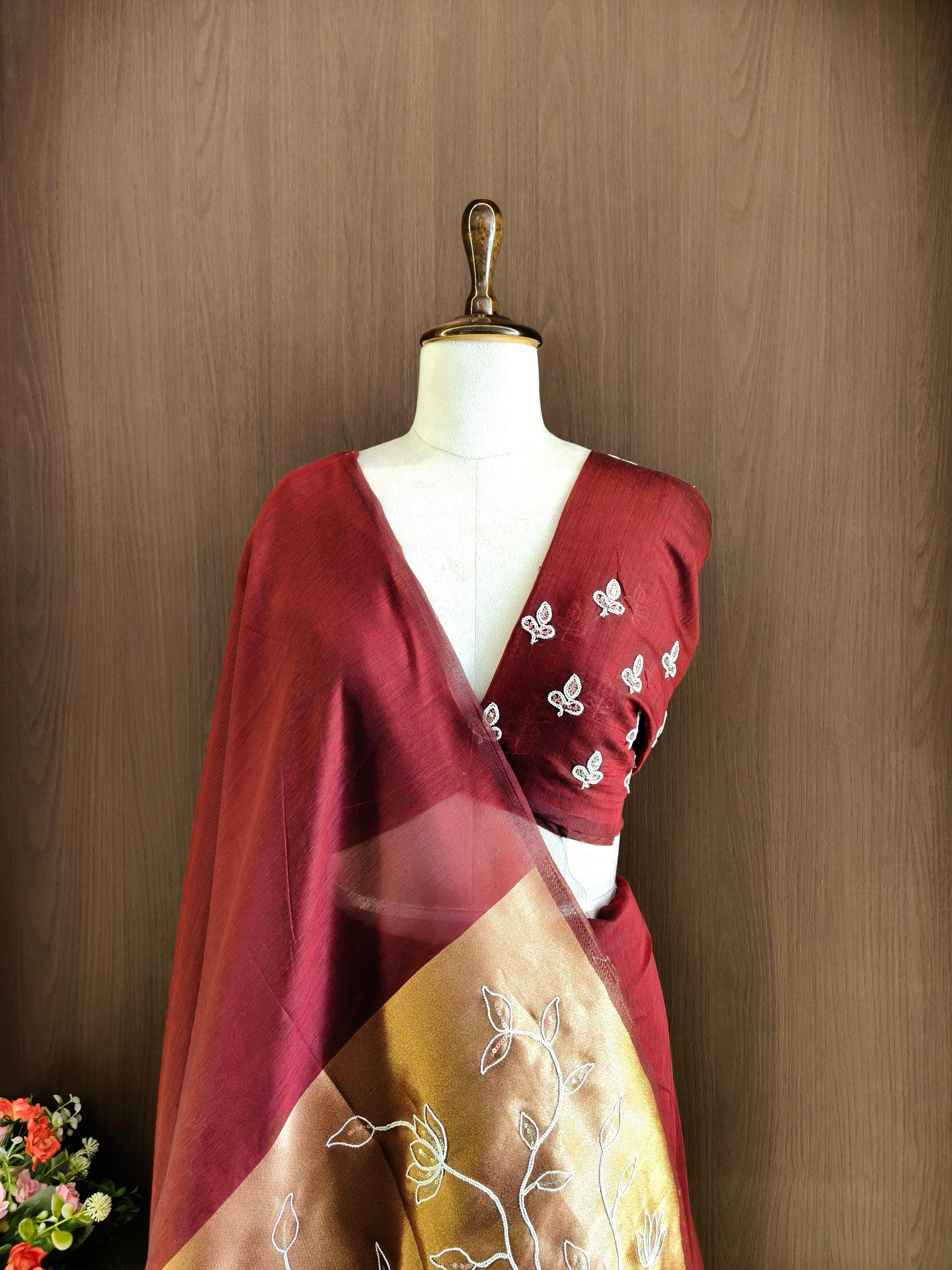 Organza Silk Saree with Heavy Gold Zari Floral Pallu & Embroidery Blouse -MAROON