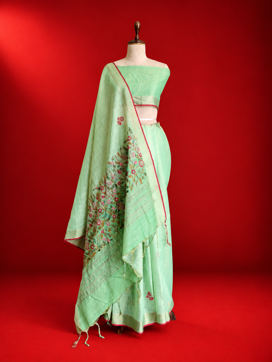 Linen With Frenchknot Saree - Pista