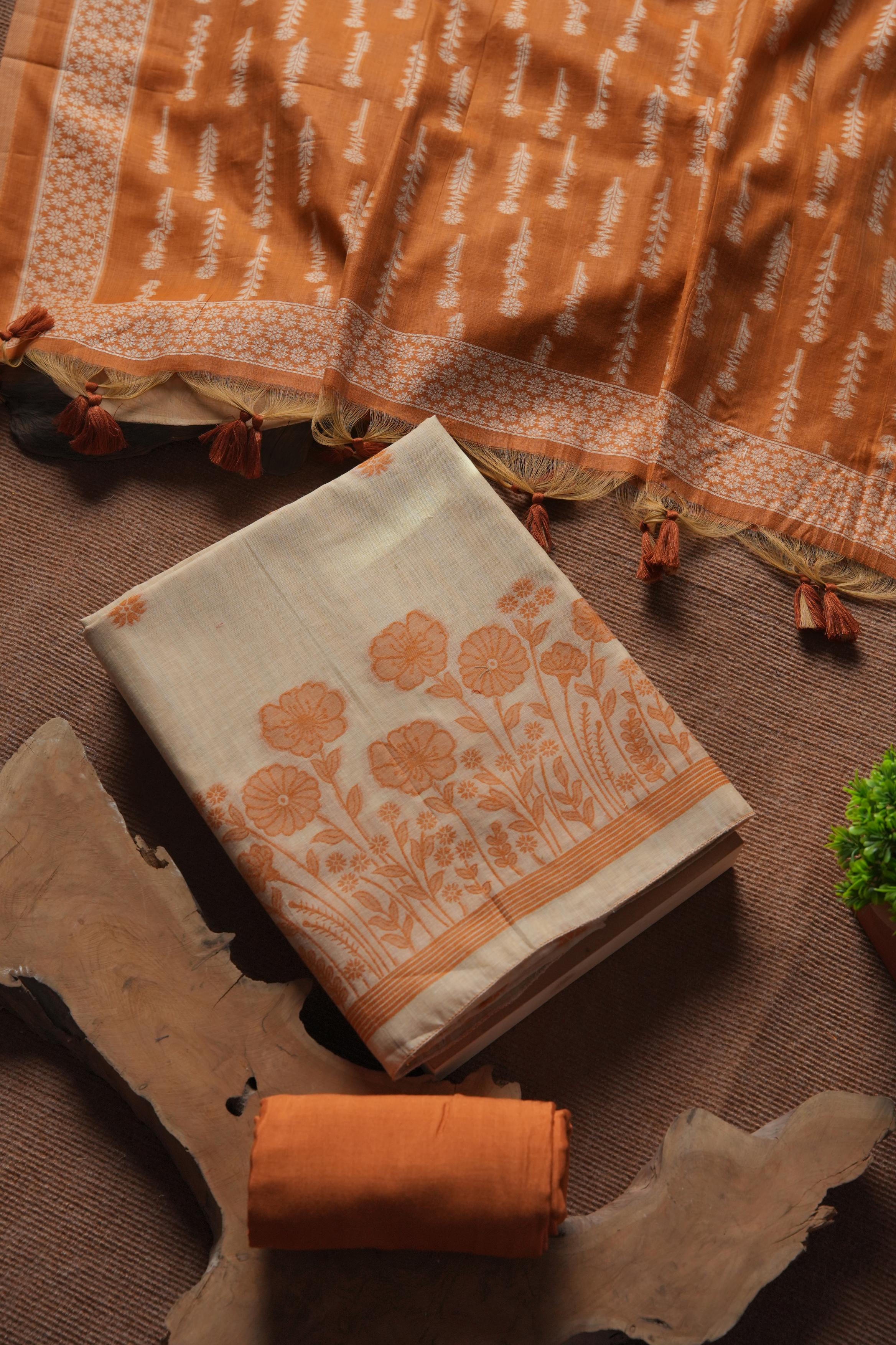 Muga Cotton Floral Woven Unstitched Suit - Orange