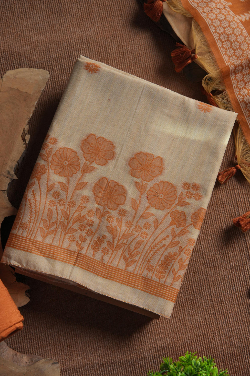 Muga Cotton Floral Woven Unstitched Suit - Orange