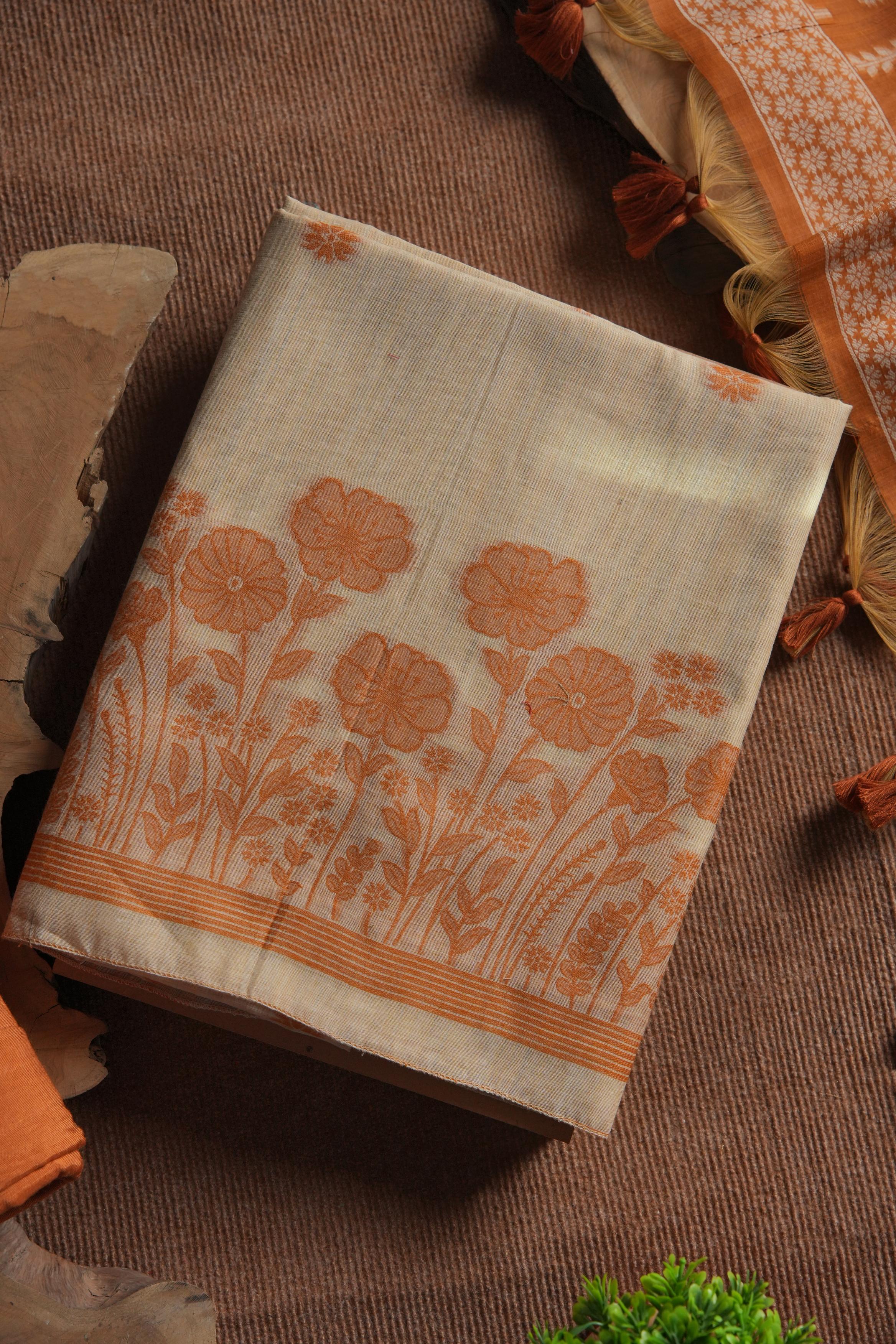 Muga Cotton Floral Woven Unstitched Suit - Orange