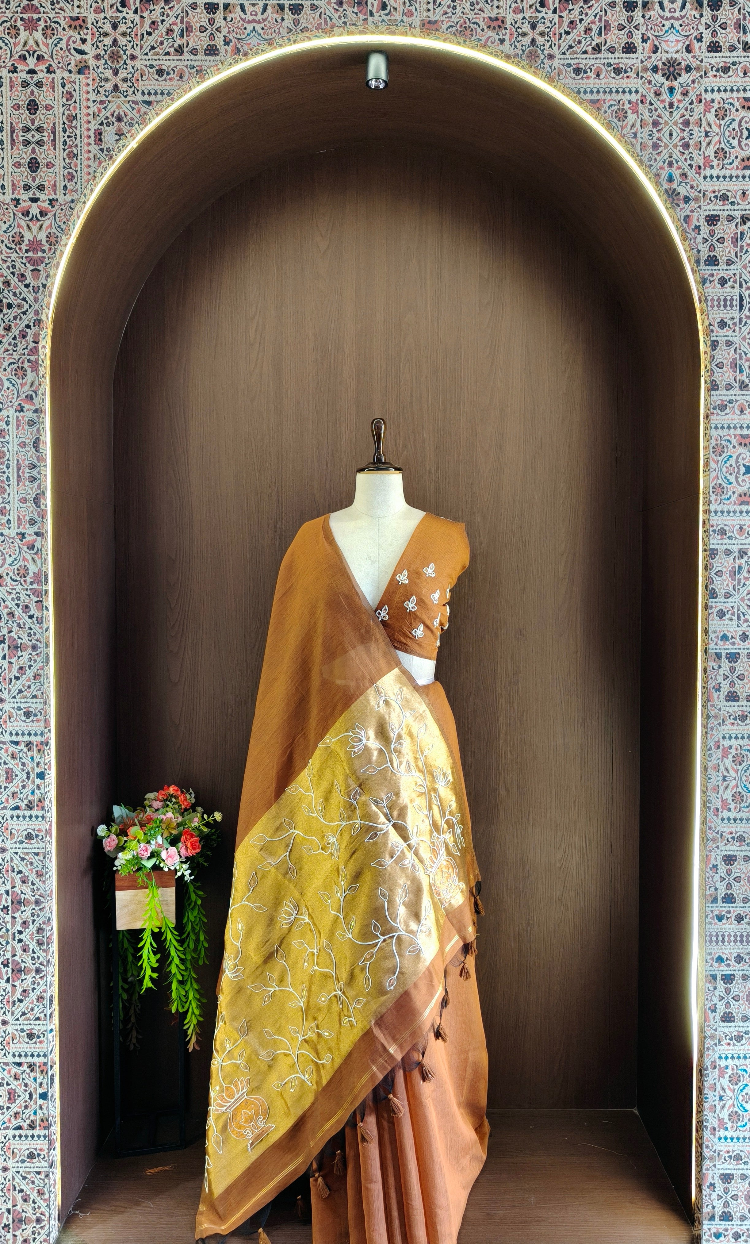 Organza Silk Saree with Heavy Gold Zari Floral Pallu & Embroidery Blouse -Orange