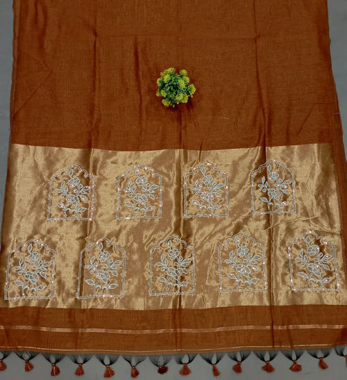 Elegent Pure Cotton Saree With Zari Pallu With Heavy Seq -Orange