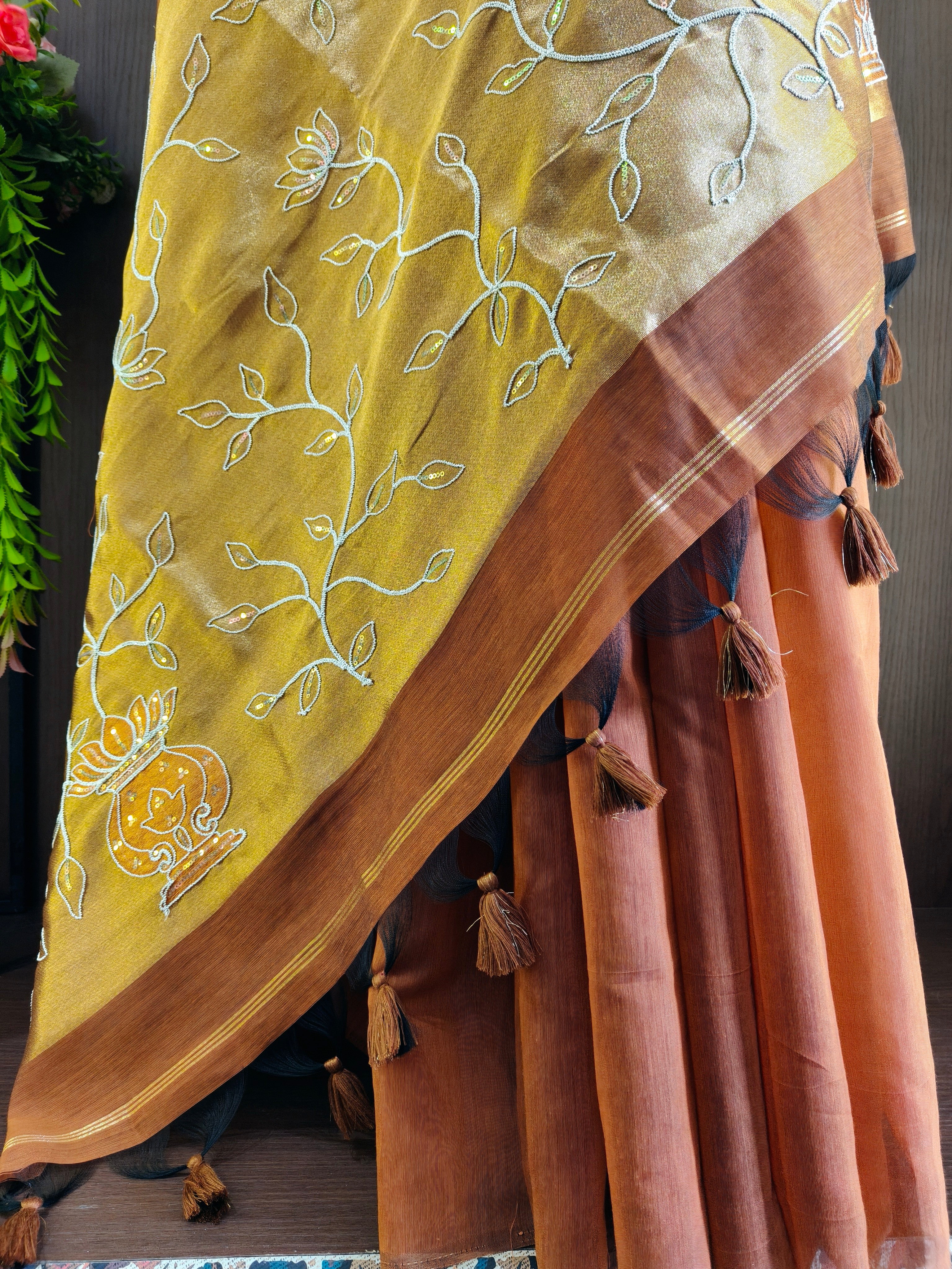 Organza Silk Saree with Heavy Gold Zari Floral Pallu & Embroidery Blouse -Orange