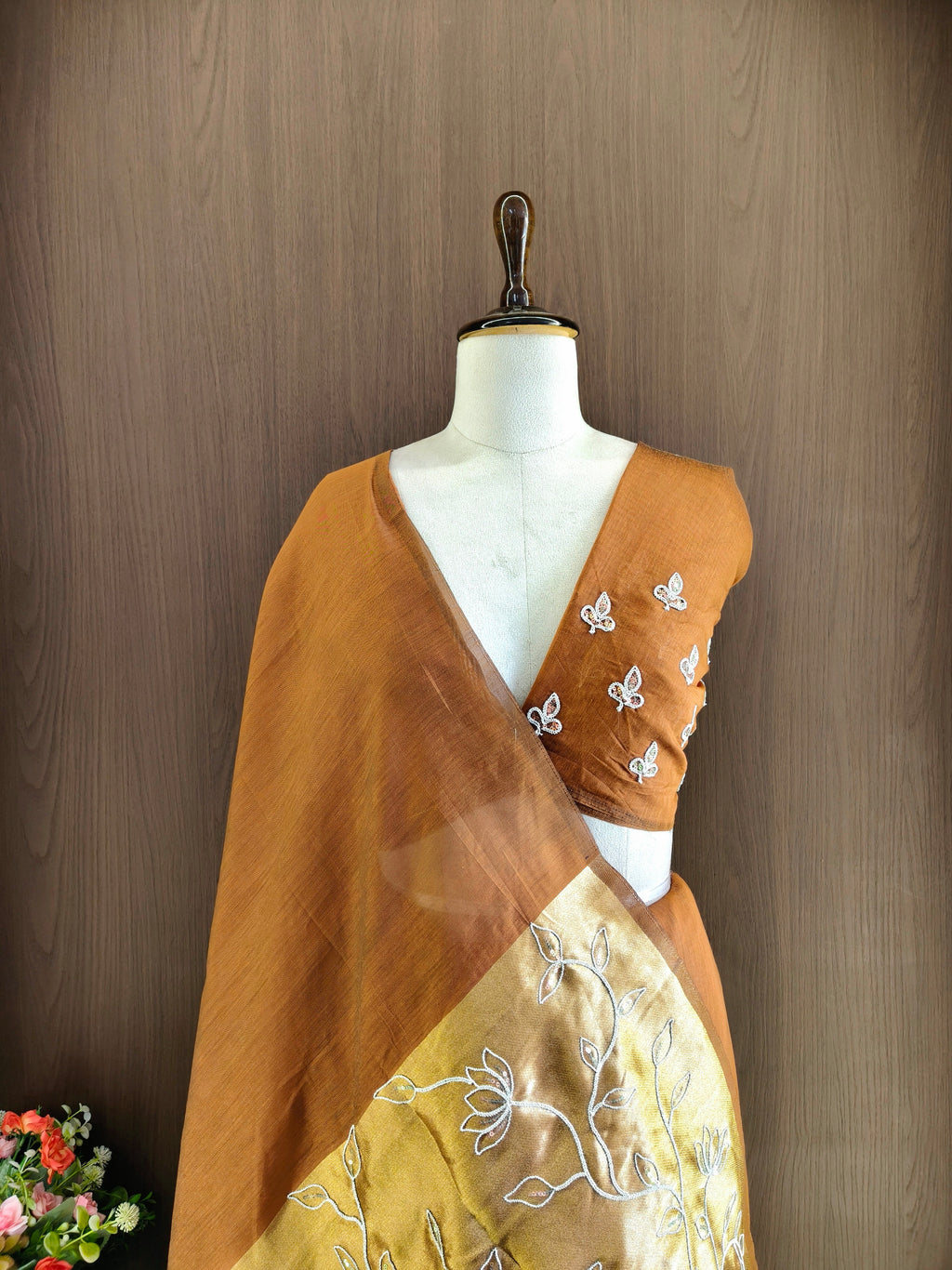 Organza Silk Saree with Heavy Gold Zari Floral Pallu & Embroidery Blouse -Orange