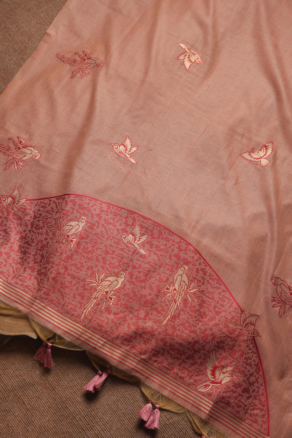 Muga Cotton Parrot Motif Unstitched Suit-Peach