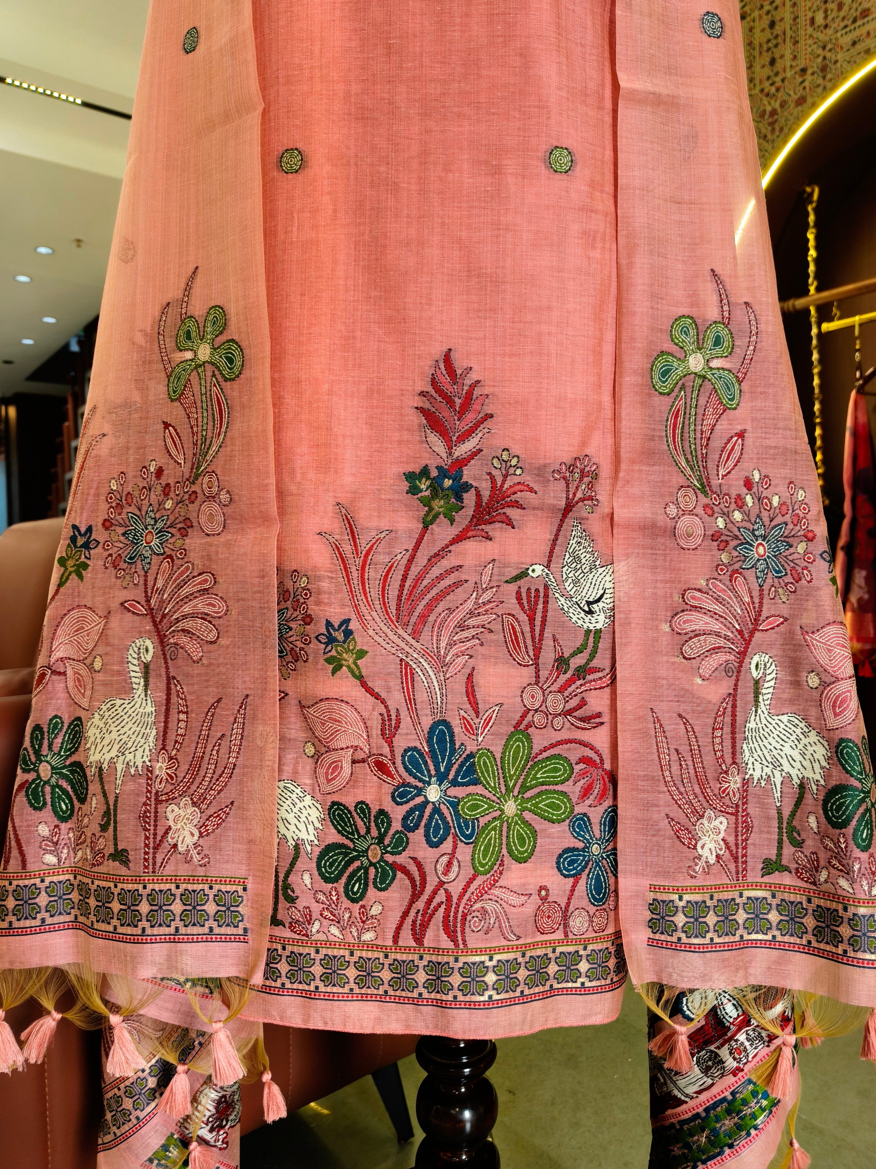 Muga Cotton Ghicha Jamdani Unstitched Suit- Pink