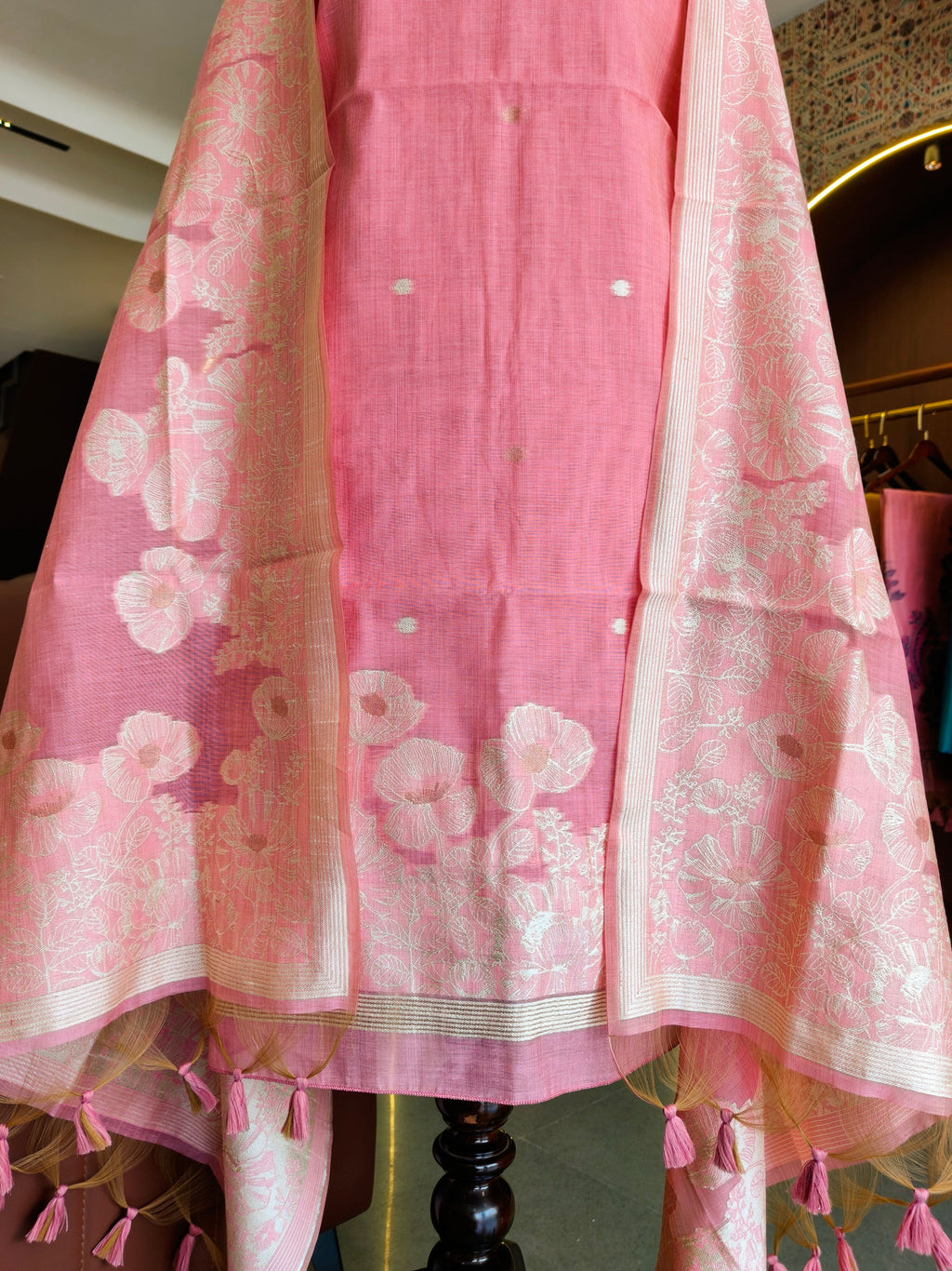 Premium Muga Cotton Unstitched Suit- PINK