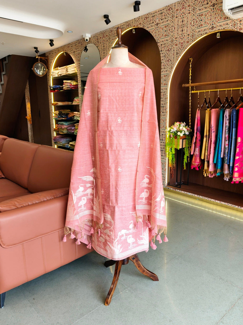 Luxury Linen Muslin Silk Unstitched Suit- Pink