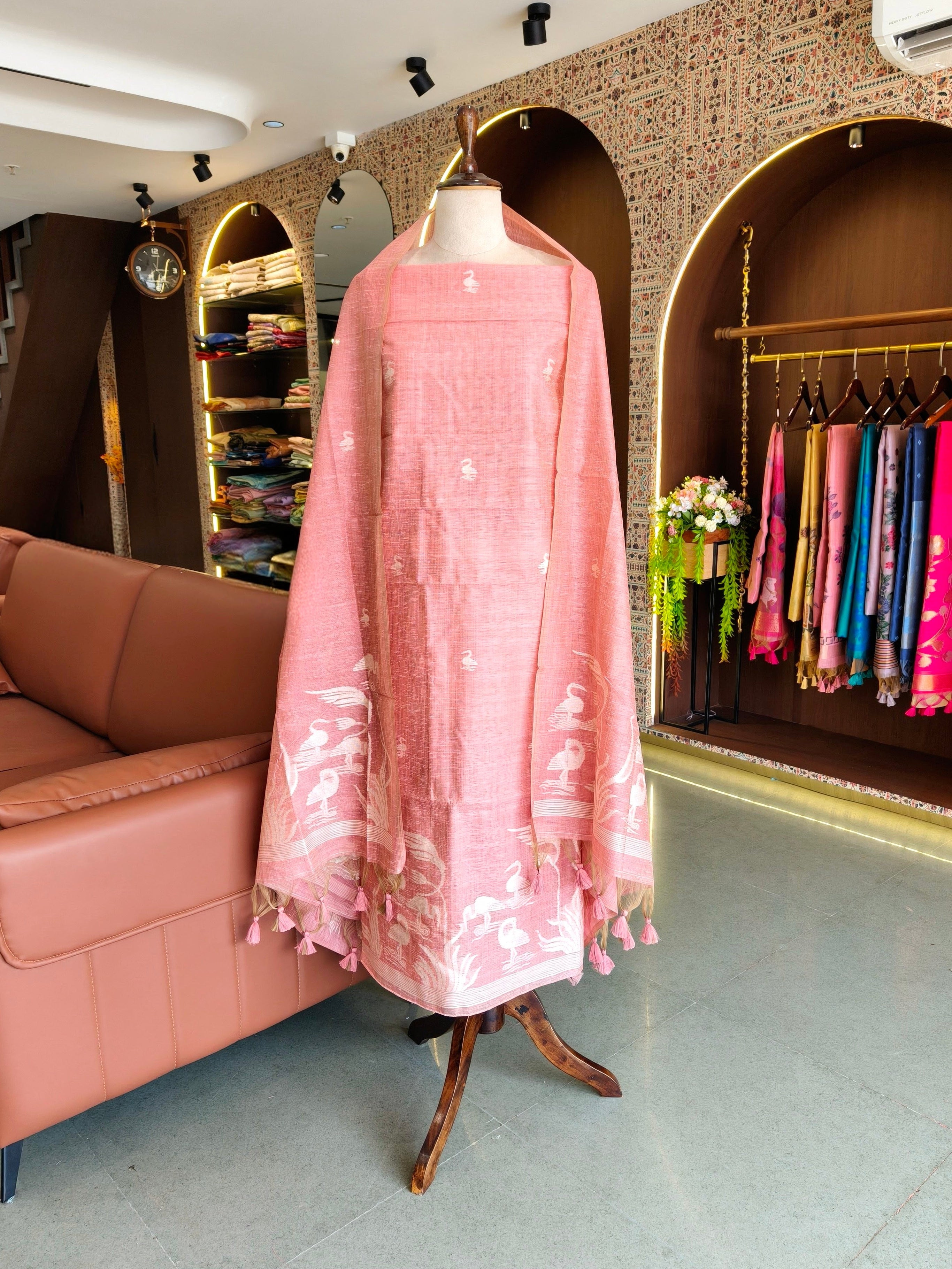 Luxury Linen Muslin Silk Unstitched Suit- Pink