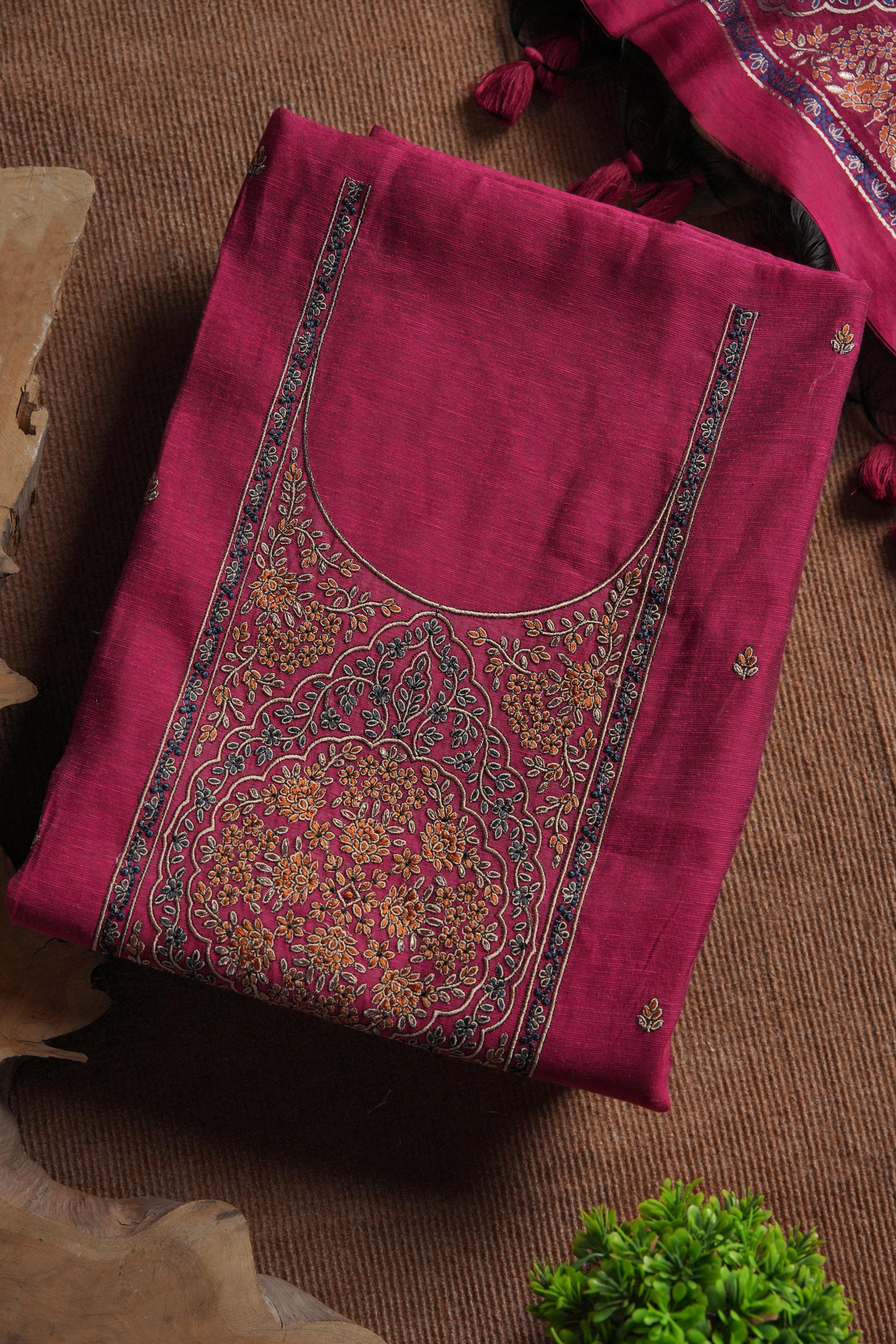 Linen Cotton Kashmiri Art Unstitched Suit- PINK
