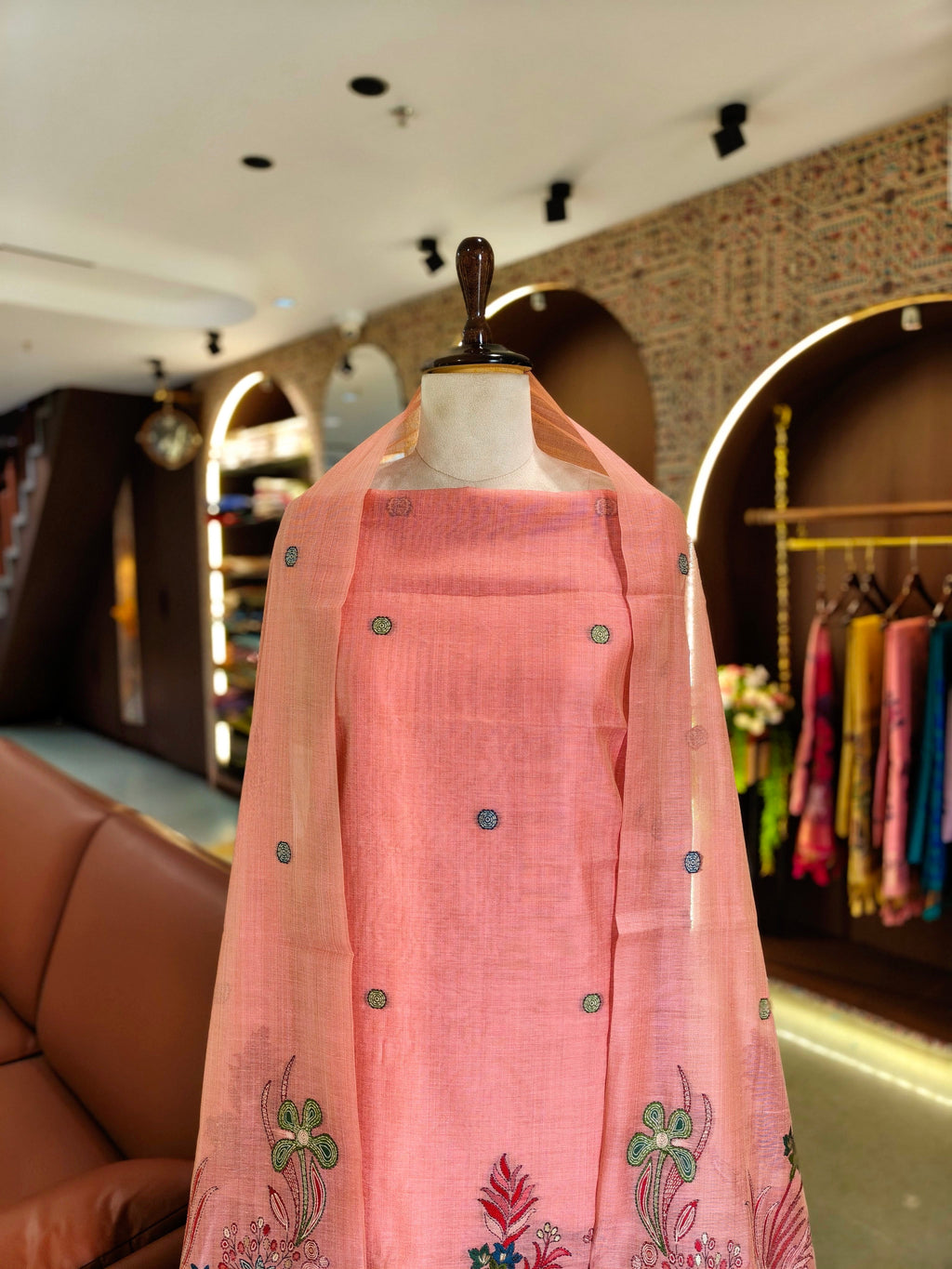 Muga Cotton Ghicha Jamdani Unstitched Suit- Pink