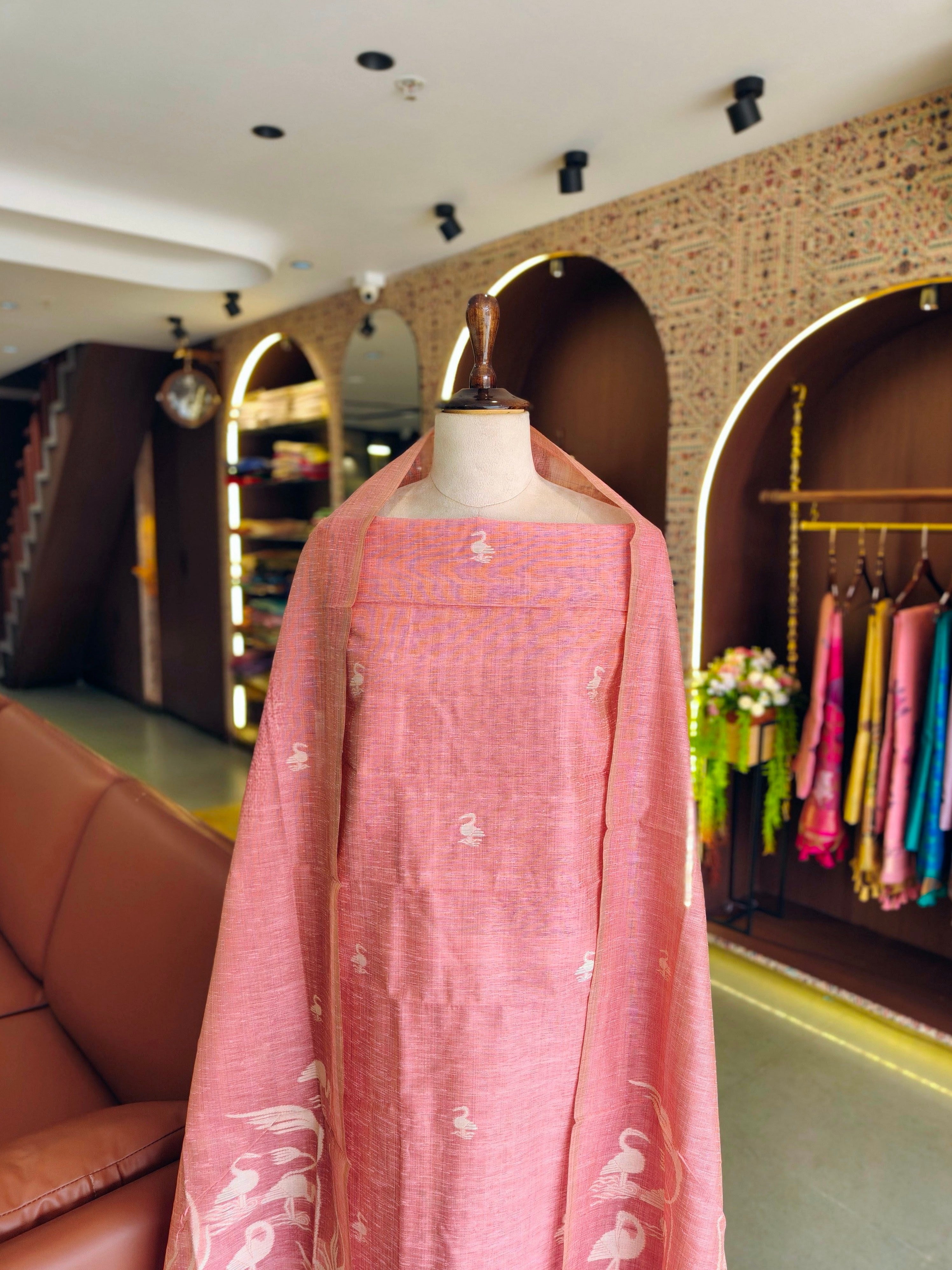 Luxury Linen Muslin Silk Unstitched Suit- Pink