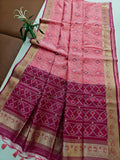 Raw Silk Ikkat Saree With Zari Woven Border-PINK