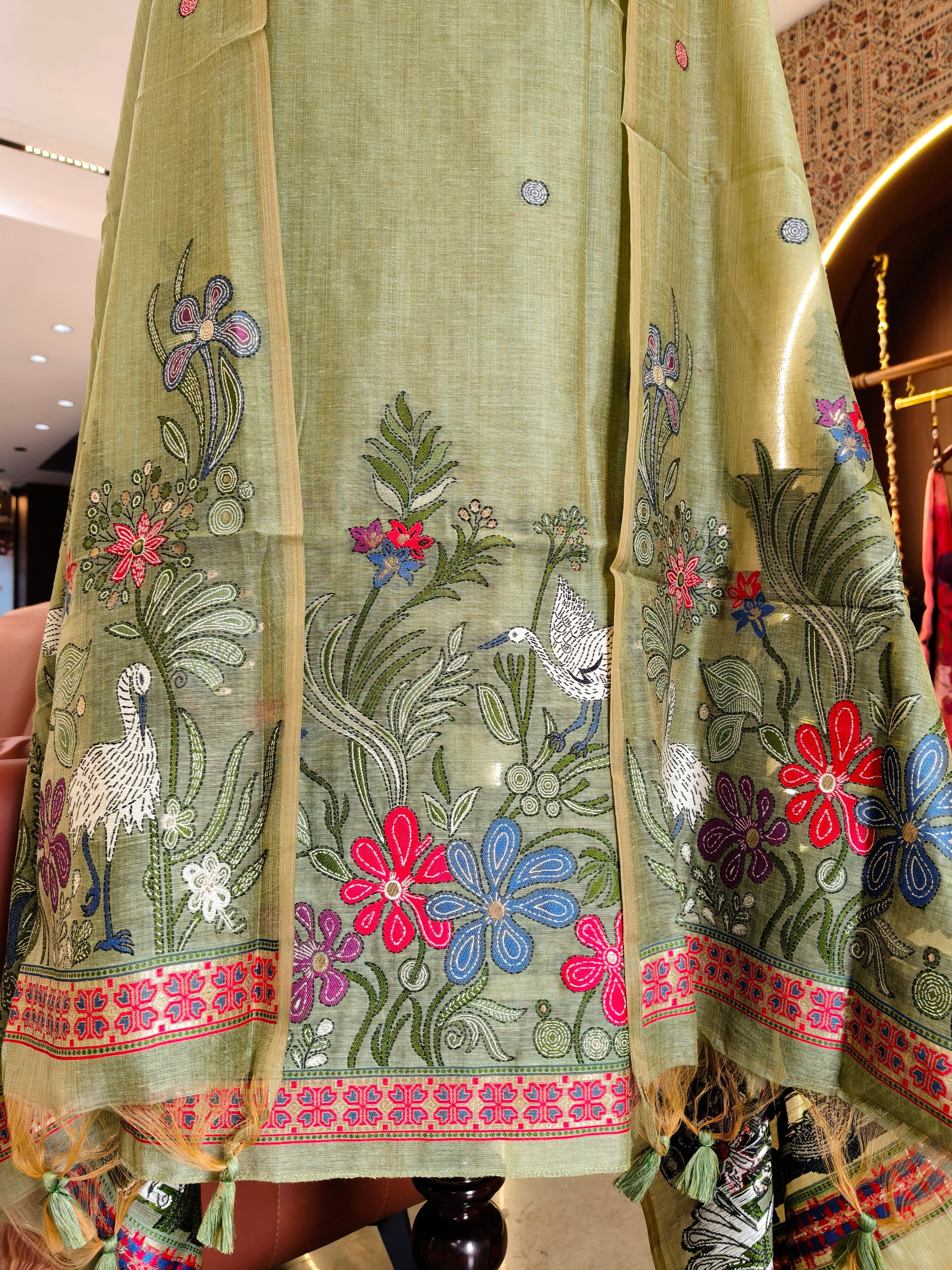 Muga Cotton Ghicha Jamdani Unstitched Suit-  Pista