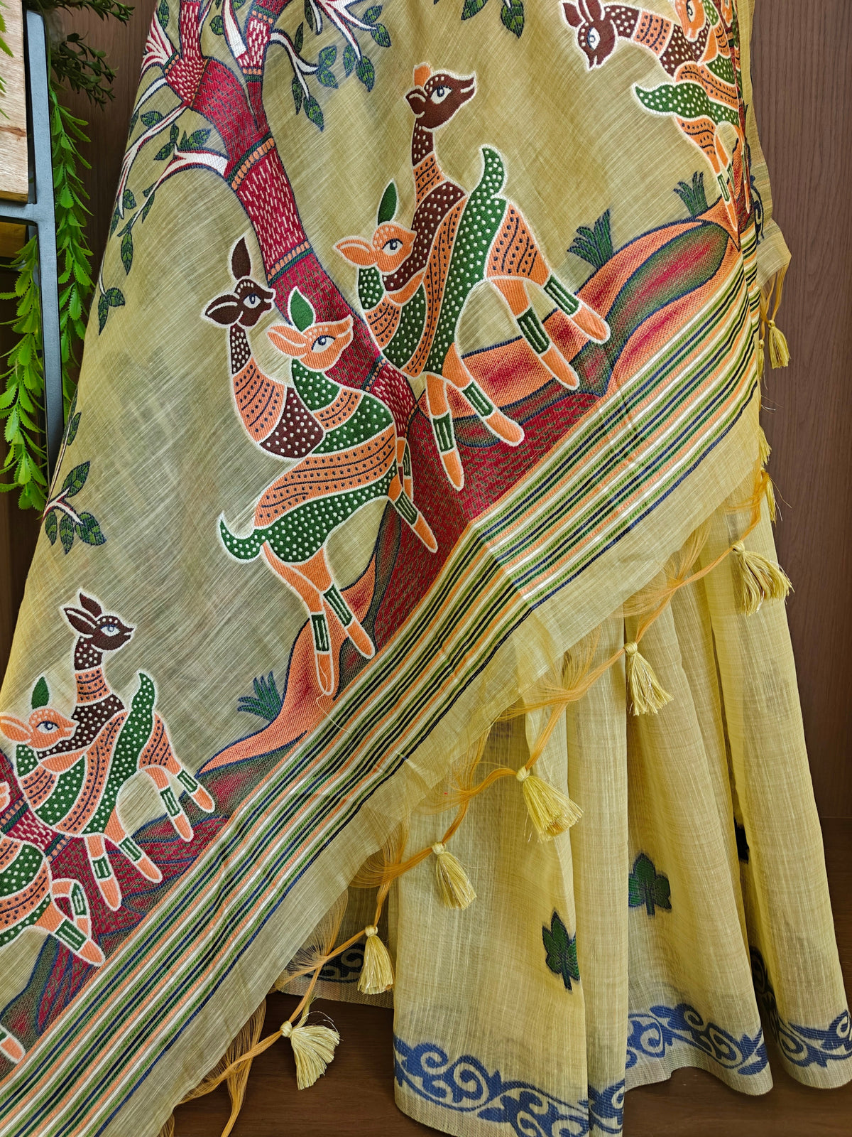 Designer Muga Cotton Saree with Warli Inspired Border-PISTA