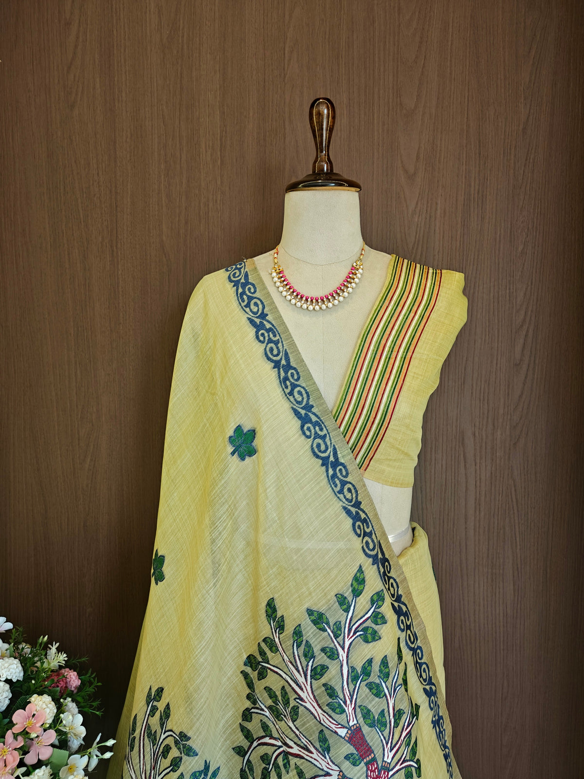 Designer Muga Cotton Saree with Warli Inspired Border-PISTA