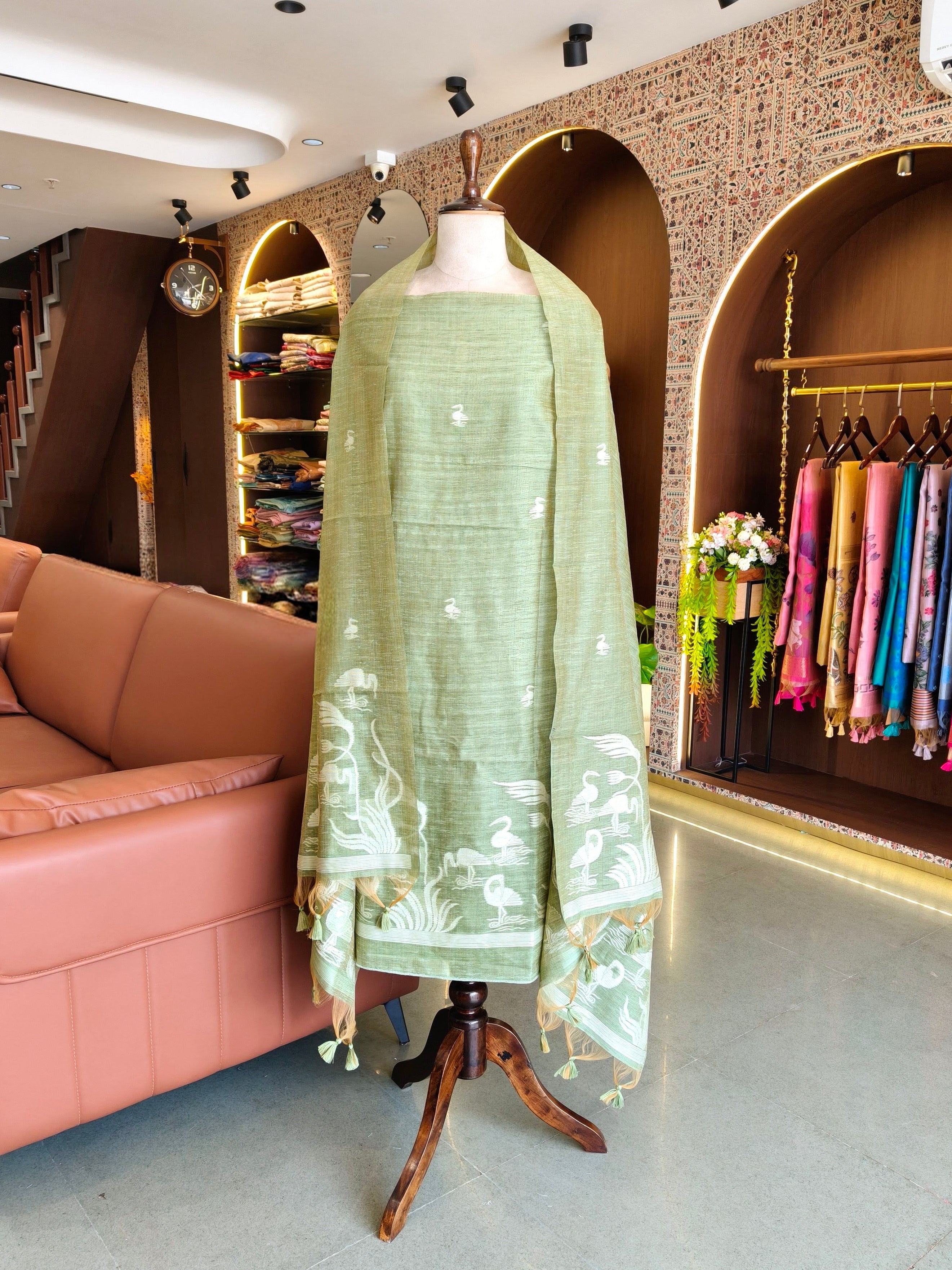 Luxury Linen Muslin Silk Unstitched Suit-- Pista