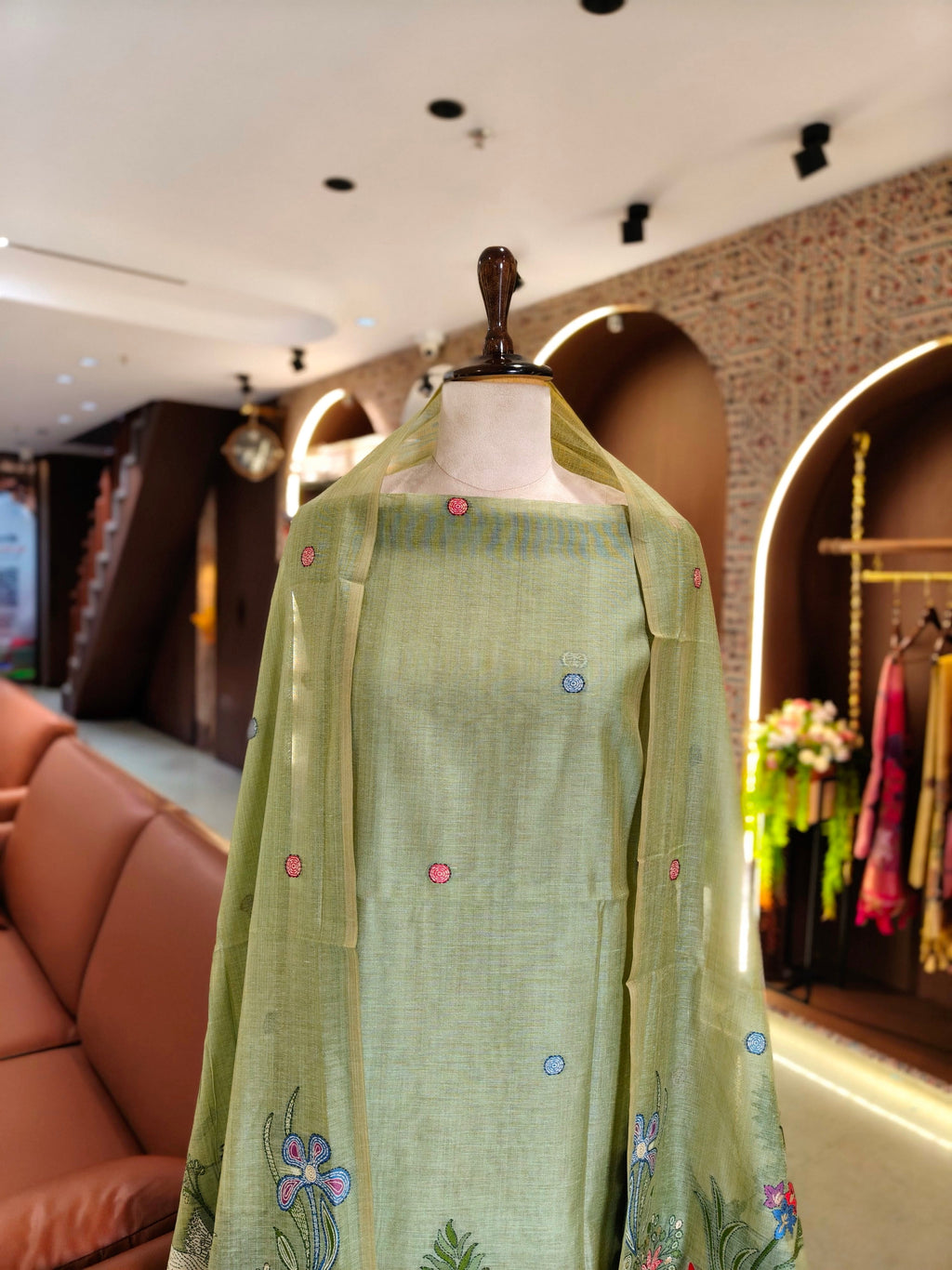 Muga Cotton Ghicha Jamdani Unstitched Suit-  Pista