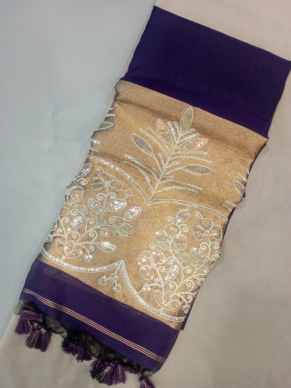 Premium Pure Cotton Saree With Zari Pallu With Heavy Seq -PURPLE