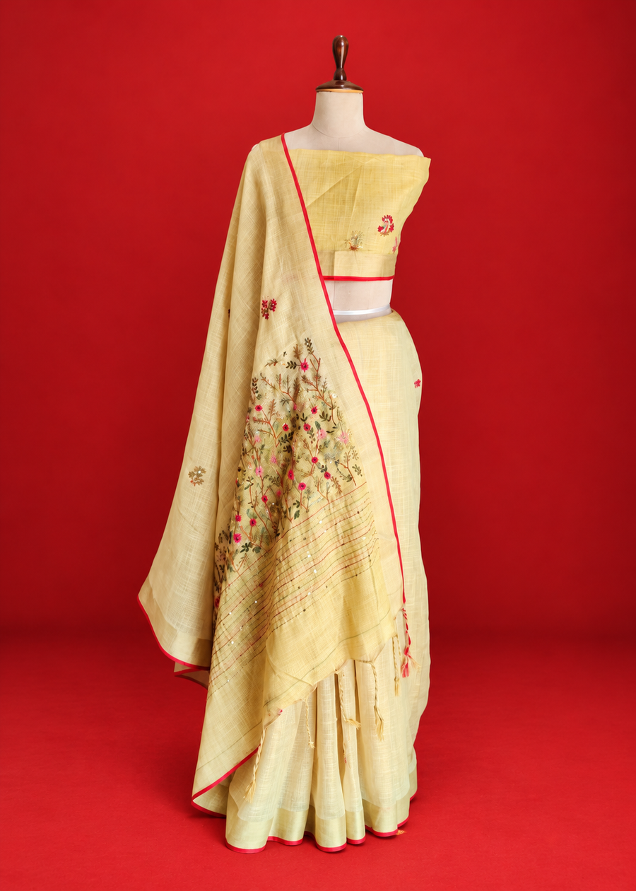 Linen  With Frenchknot Saree - Yellow