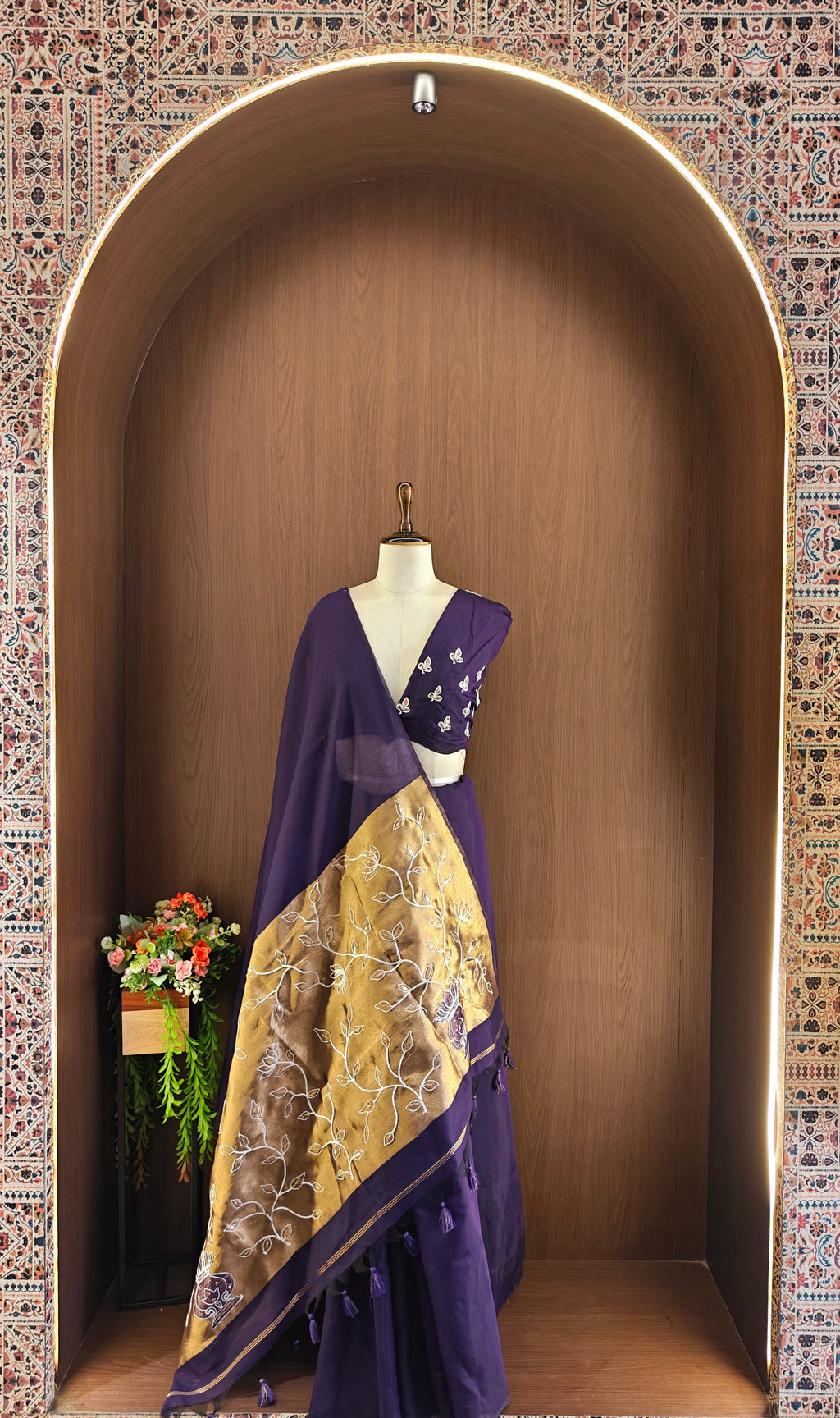 Organza Silk Saree with Heavy Gold Zari Floral Pallu & Embroidery Blouse -Purple